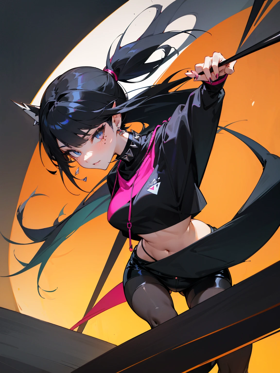 ((Long Straight Black hair)), Perfect face, Choker, Punk earrings, ((Tall)), ((High Quality)), Necklace, ((Mature)), Pretty Eyes, Sharp Nails, Bangs, ((1 Girl)), ((Multiple Earrings)), 1 girl, Spiky Earrings, Adult, Spiked Collar, Thin Eyelashes, Black Background, Long Tail, Large Tail, Shark Tail, ((Short Pants)), ((Long Sleeve Crop Top)), Close Up, Tall, Long Legs, ((Dynamic Pose)), Black Tail, 2 moles under left eye, Pantyhose, Vibrant Colors, Close Up, Sexy, Suggestive, Sexually Suggestive, Thick, Thick Body, Skinny, Black Thigh Highs, Teasing, Ponytail, Slender Body, Stylish,