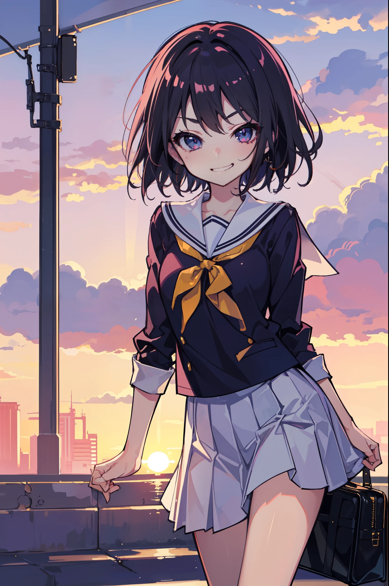 (Ideal:1.1), (perfection:1.1), (flawless:1.1), (highest quality:1.2), (best quality:1.2), (most beautiful sunset:1.1), 1girl, (kawaii:1.1), (school uniform:1.1), (loli:1.1), (naughty smirk:1.2), detailed body, short hair, best quality eyes, 4K, (best quality resolution:1.1), best quality upscale