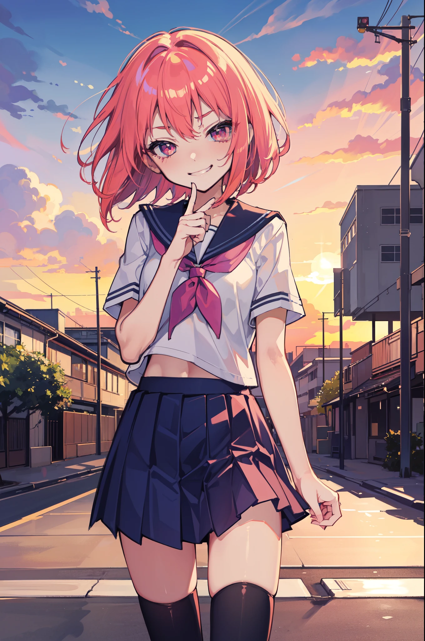 (Ideal:1.1), (perfection:1.1), (flawless:1.1), (highest quality:1.2), (best quality:1.2), (most beautiful sunset:1.1), 1girl, (kawaii:1.1), (school uniform:1.1), (loli:1.1), (naughty smirk:1.2), detailed body, short hair, best quality eyes, 4K, (best quality resolution:1.1), best quality upscale