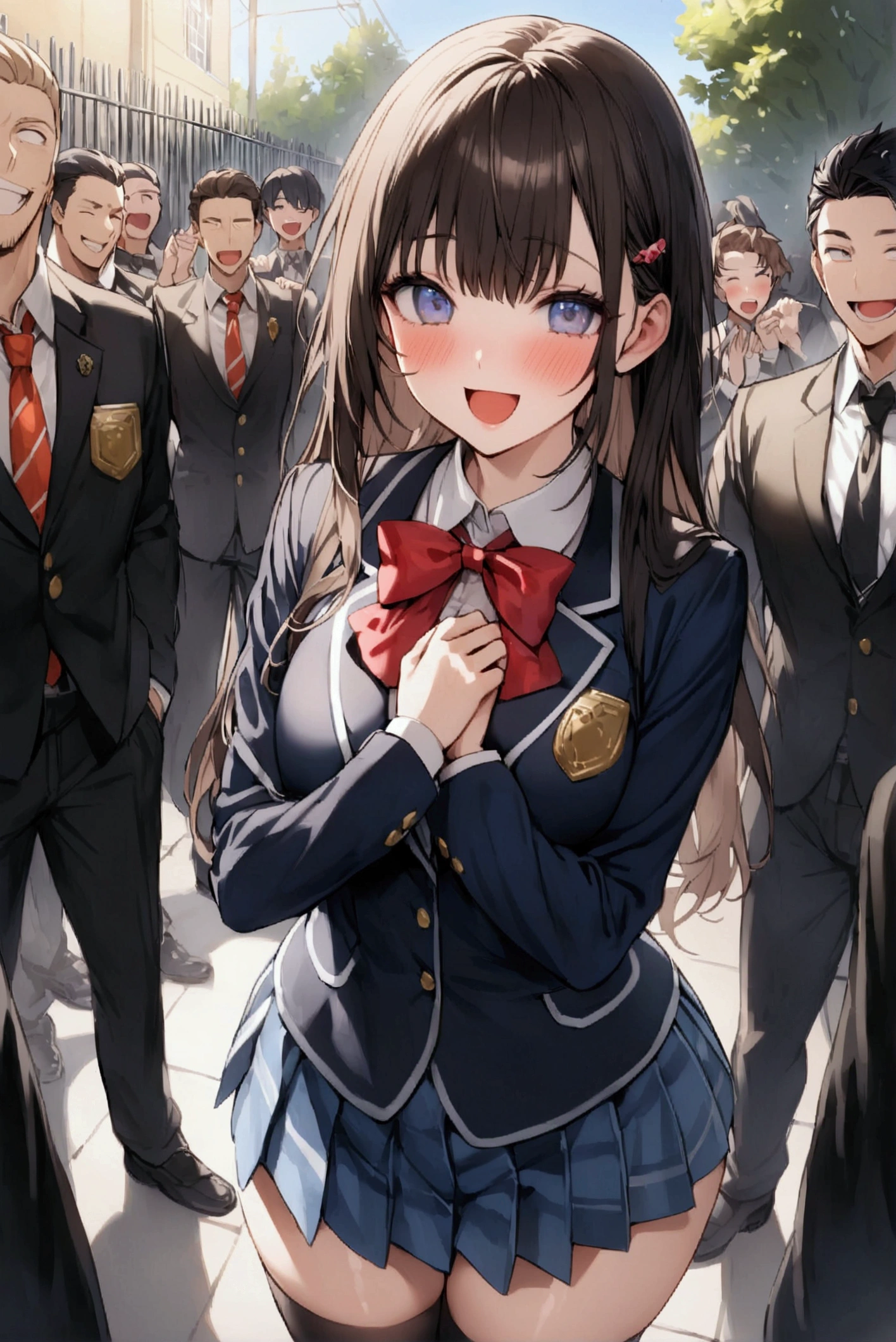 One Woman、Multiple men、beautiful girl、Handsome man with brown hair、Beautiful youth、after school、evening、high school girl、School plaque、Blazer Uniform、Pleated skirt、Black knee-high socks、Long Hair、In front of the school gate、Highest quality,  Thick thighs、big 、White panties、Black Hair、The girl has an excited face、Crowds returning from school、In front of the school gateで待つ仕草、Handsome men surround the woman、Lean your back against the wall.、Hold your chest with both handan lays hands on woman&#39;shoulder、The pretty boys are laughing、Reverse Harem