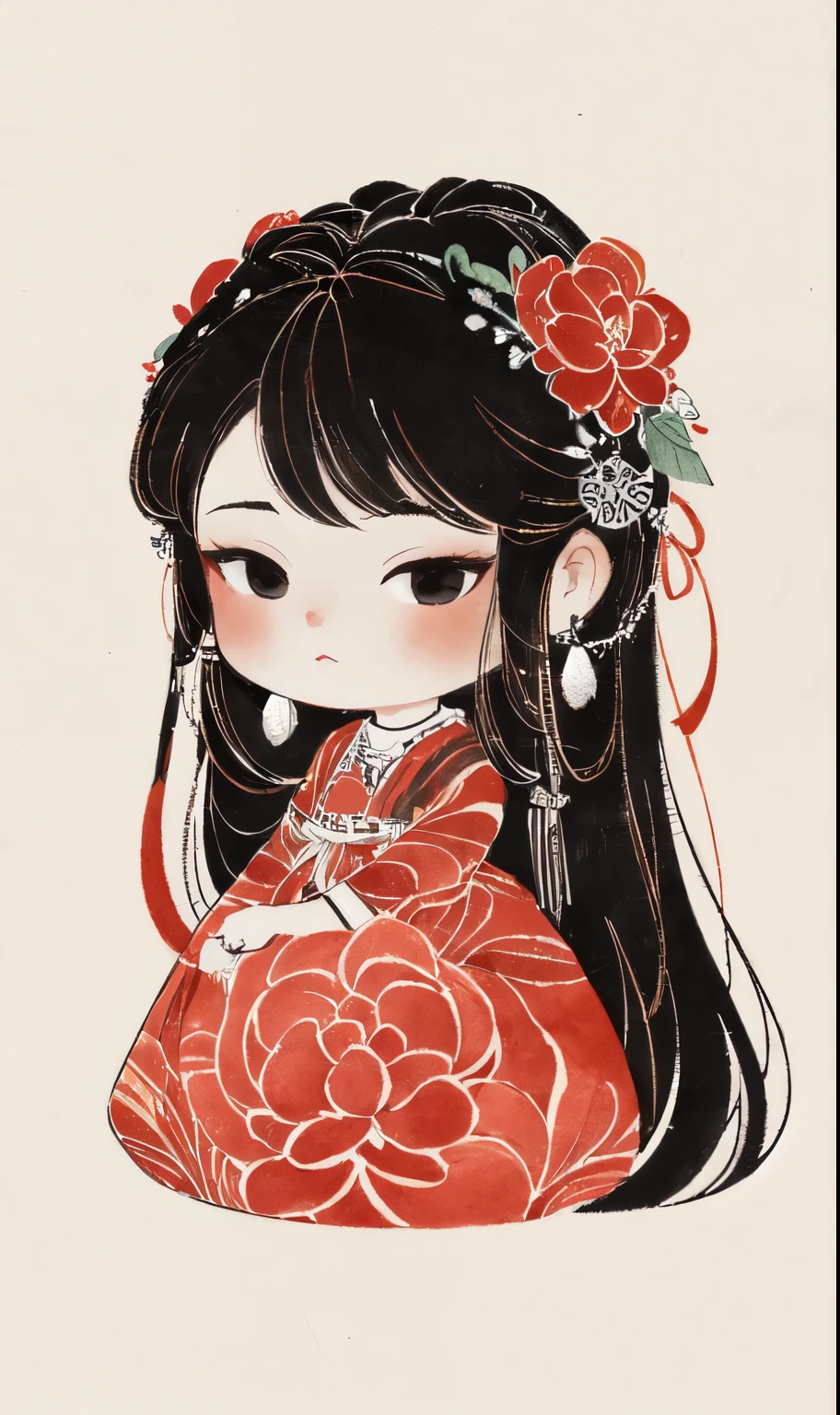 chibi ink painting, 1girl,black eyes,long hair,super precise depiction, (flowers),multiple colors,high definition,Rich in intricate details,((masterpiece)), ((best quality)), 8k, high detailed, ultra-detailed, sharper lines , white background, red color tones