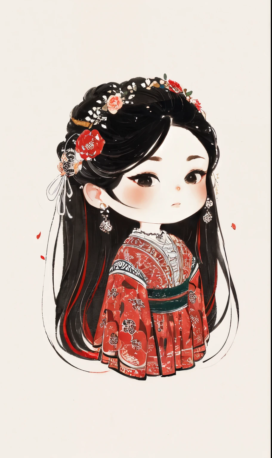 chibi ink painting, 1girl,black eyes,long hair,super precise depiction, (flowers),multiple colors,high definition,Rich in intricate details,((masterpiece)), ((best quality)), 8k, high detailed, ultra-detailed,  sharper lines , white background, red color tones