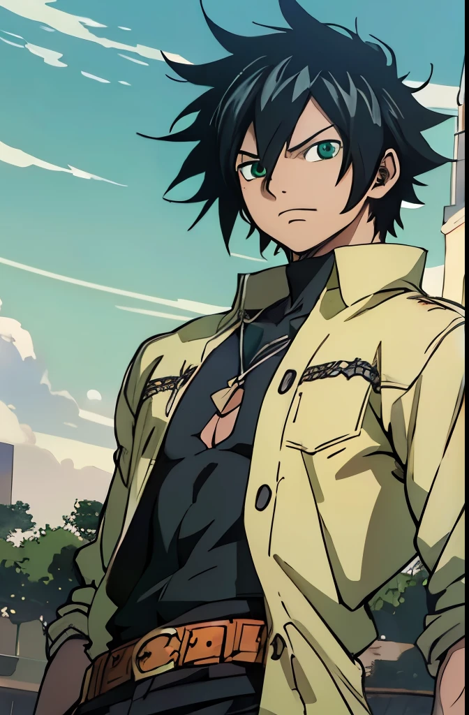 ((arte estilo anime)), (the highest image quality), (detailed strokes), Looking at the Viewer, facing the viewer , showing the whole body, , He is a 17 year old teenager, very white skin, He has slightly disheveled black hair , light green eyes, anime art style Fairy Tail , sexy face, He is dressed in the anime male clothes "Fairy Tail", , 8k, high quality, masterpiece, , cinematic, vivid colors, shining green eyes