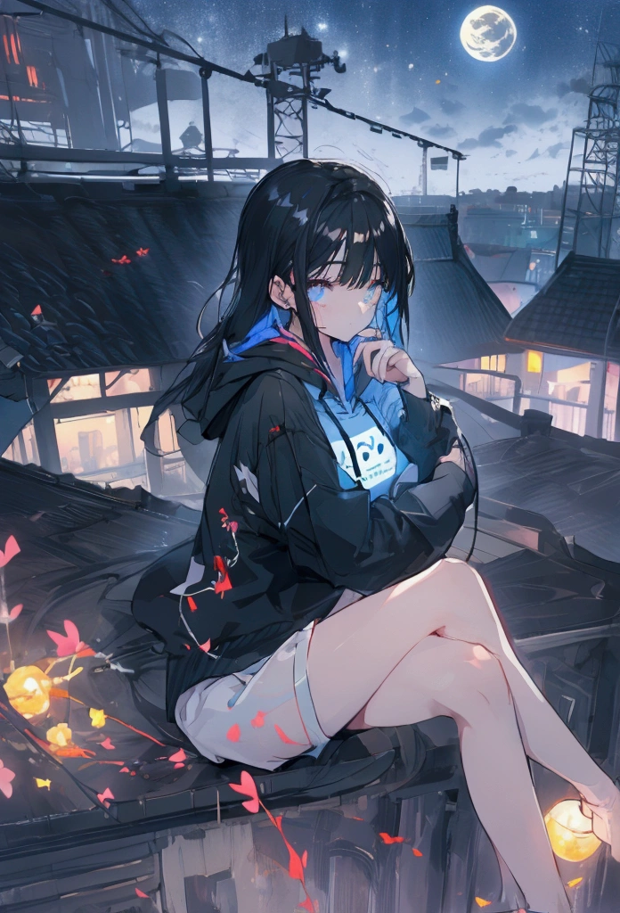 Using a laptop、Beautiful Face、Beautiful legs、Black Hair、On the roof、full moon,neon.hoodie,Sitting、IT Engineer、Building district、Landscape、rooftop,