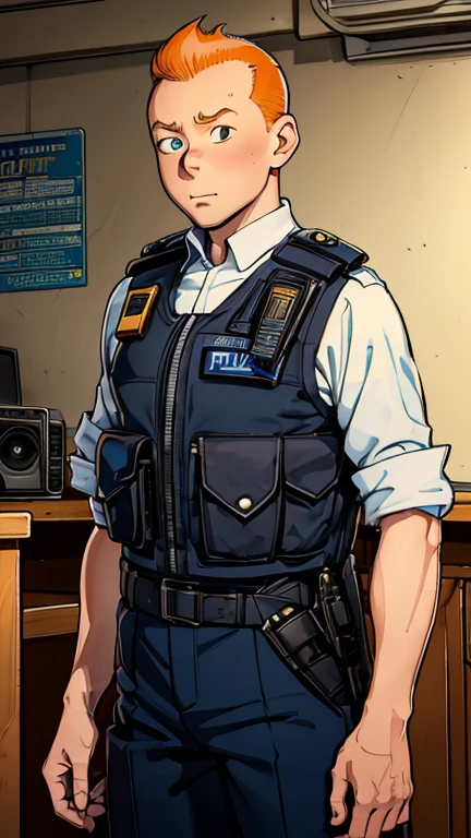 (Teens:1man: Tintin), (extremely detailed CG unit 8k wallpaper),(master part), (best quality), (ultra detali), (best illustration),(Police uniform), cowboy shot, (Sharp eyeliner, ombre, detailed eyes:1),Dark Police station interiors background, ,break , upper body, short hair, orange hair