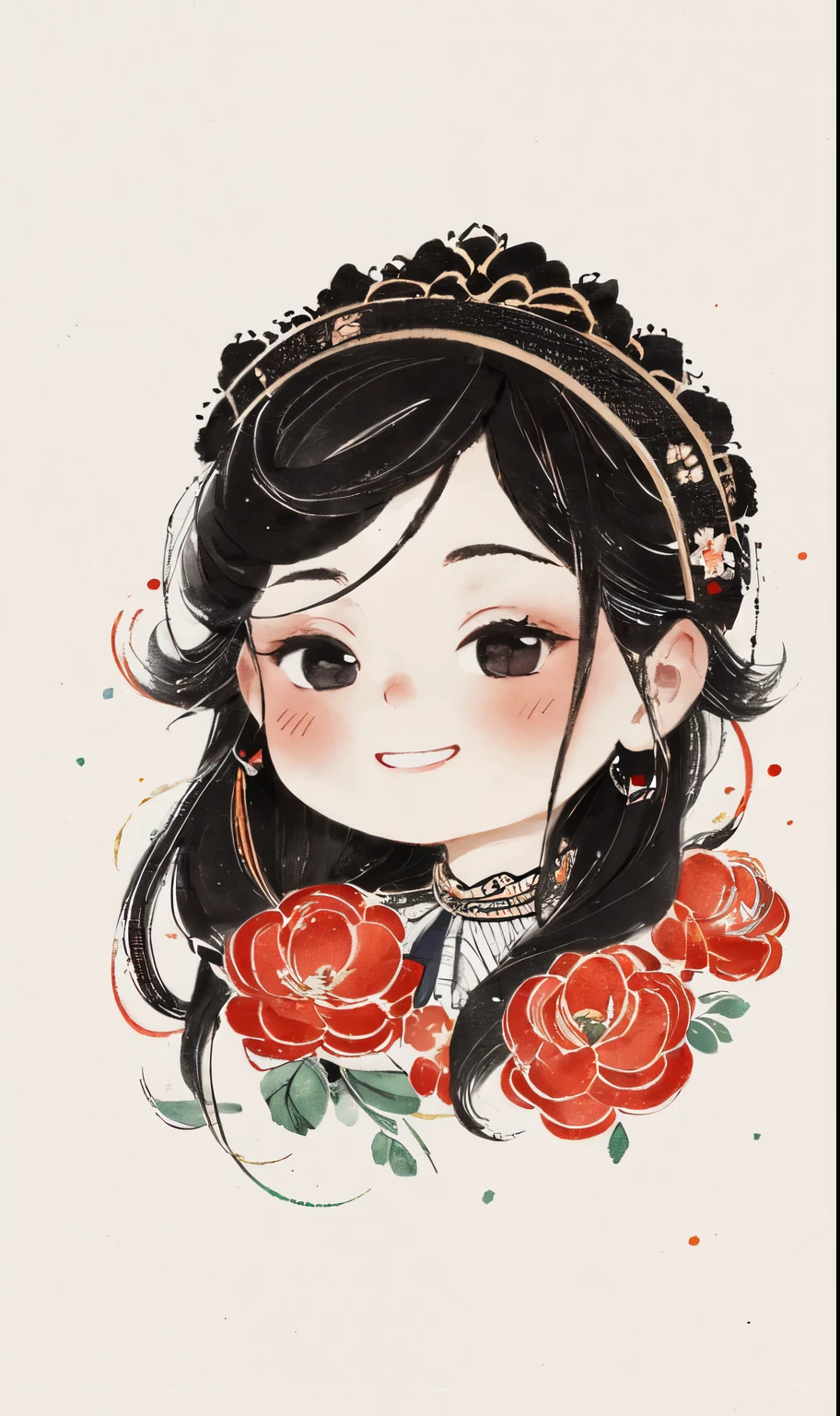 chibi ink painting, 1girl,black eyes,long hair,super precise depiction, (flowers),multiple colors,high definition,Rich in intricate details,((masterpiece)), ((best quality)), 8k, high detailed, ultra-detailed,  sharper lines , white background, red color tones, cute smiling face 