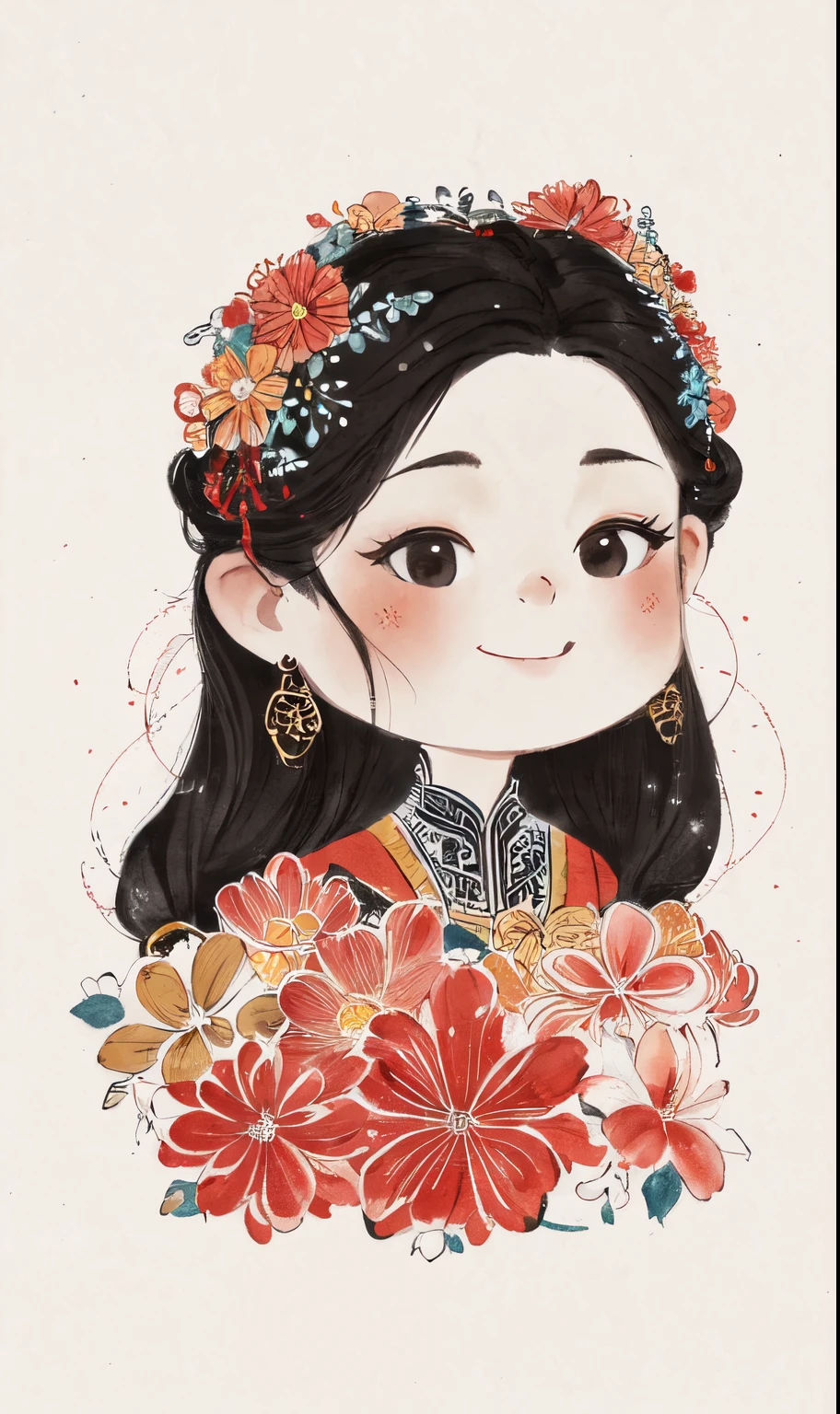 chibi ink painting, 1girl,black eyes,long hair,super precise depiction, (flowers),multiple colors,high definition,Rich in intricate details,((masterpiece)), ((best quality)), 8k, high detailed, ultra-detailed,  sharper lines , white background, red color tones, cute smiling face 