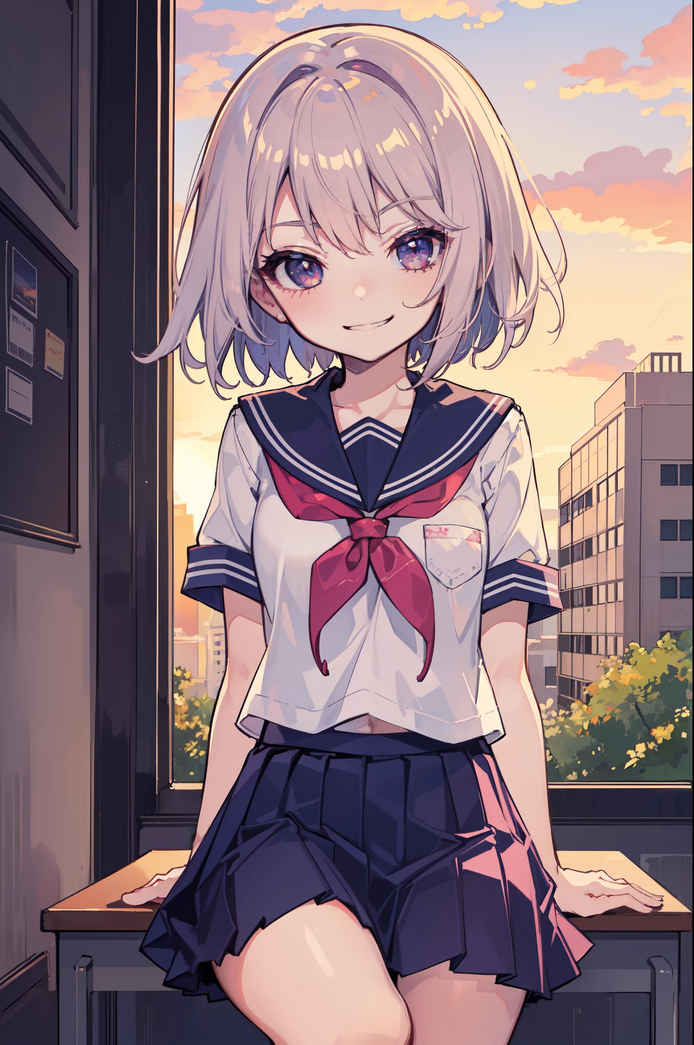 (Ideal:1.1), (perfection:1.1), (flawless:1.1), (highest quality:1.2), (best quality:1.2), (most beautiful sunset:1.1), 1girl, (kawaii:1.1), (school uniform:1.1), (loli:1.1), (naughty smirk:1.2), detailed body, short hair, best quality eyes, 4K, (best quality resolution:1.1), best quality upscale, beautiful upscale