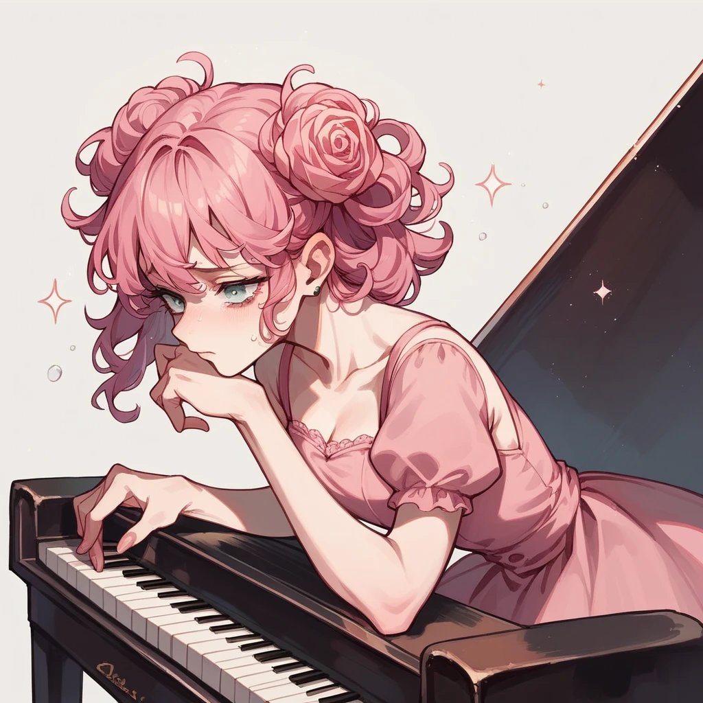 Rose quatiz, in pink dress, big pink curls hair, playing the piano in a sad environment. tearsjando