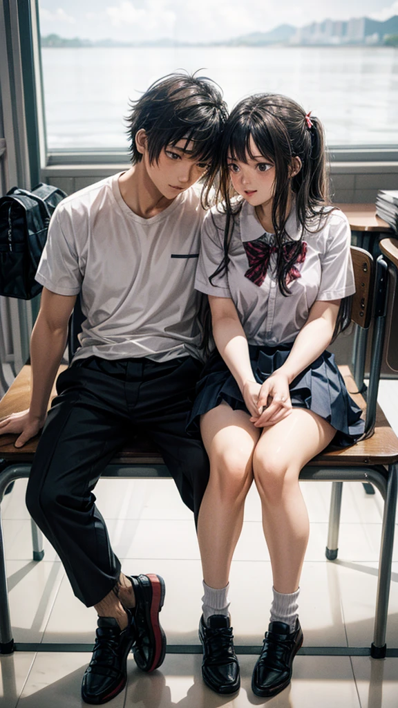 A couple is studying in school. It is evening. The couple is wearing short clothes.