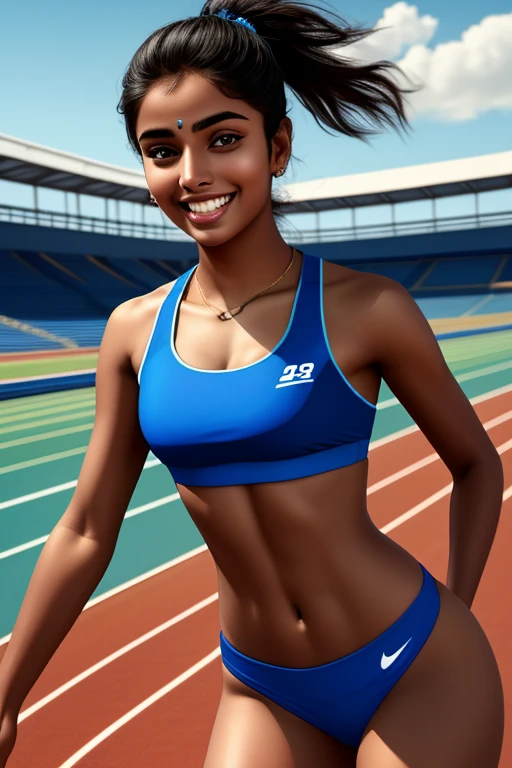 beautiful 23-year-old Indian girl, track outfit, in blue sports bra and blue sports bottoms, smiling, teeth, shes very confident, outside on track field, ((slim, athletic)), the background is an athletics track, masterpiece, high contrast, photorealistic digital art trending on Artstation 8k HD high definition