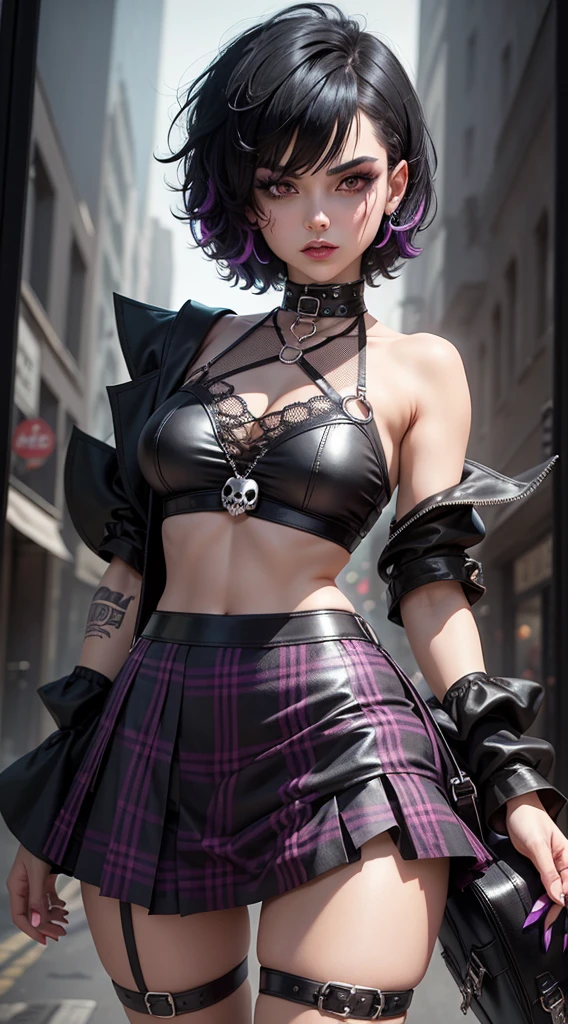 a woman with short black hair, cabelo nos ombros, black,  wearing a black cropped and plaid skirt, purple eyes, gothic art, cute aesthetic with vibrancy, cartoon aesthetic, wearing black costume, using gothic accessories, looks like Cassie Hack, trunk, holding a skull in his hand, horror background