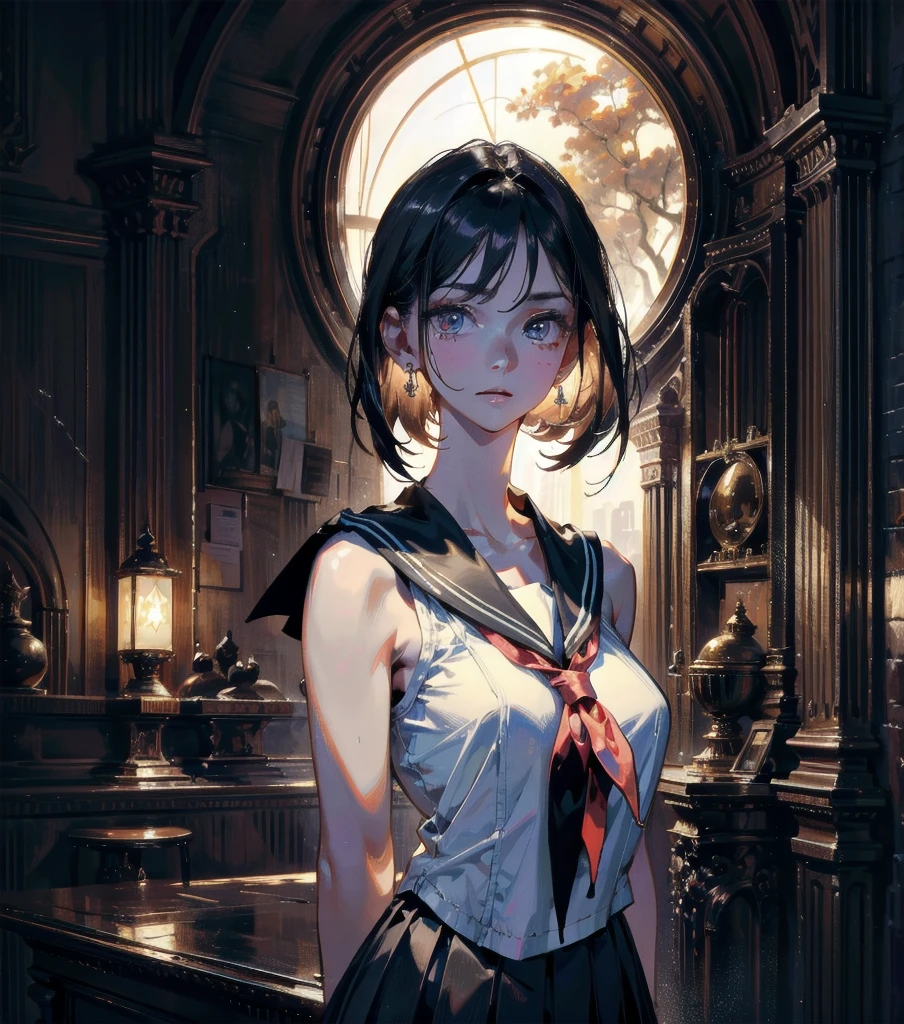 absurdres, RAW photo, extremely delicate and beautiful, masterpiece, Best Quality, ultra high resolution, 32k, hyperrealistic, ultra-detailed, Very detailed CG 8k wallpaper, detailed background, landscape, Beautiful Lighting, Perfect Lightning, Realistic Shadows, perfect anatomy, anatomically correct, perfect figure, Perfect Style, Perfect balance, super Detailed skin, in her 30s, very Slim body, narrow waist, very small head, very small face, delicate facial features, handsome detailed woman, very detailed eyes and face, realistic face proportions, Realistic beautiful face, Realistic beautiful eyes, tearful mole, earring, whole body shot, very huge round tits, medium hair, asymmetrical hair, outdoor, school_uniform, sailor uniform, sleeveless,