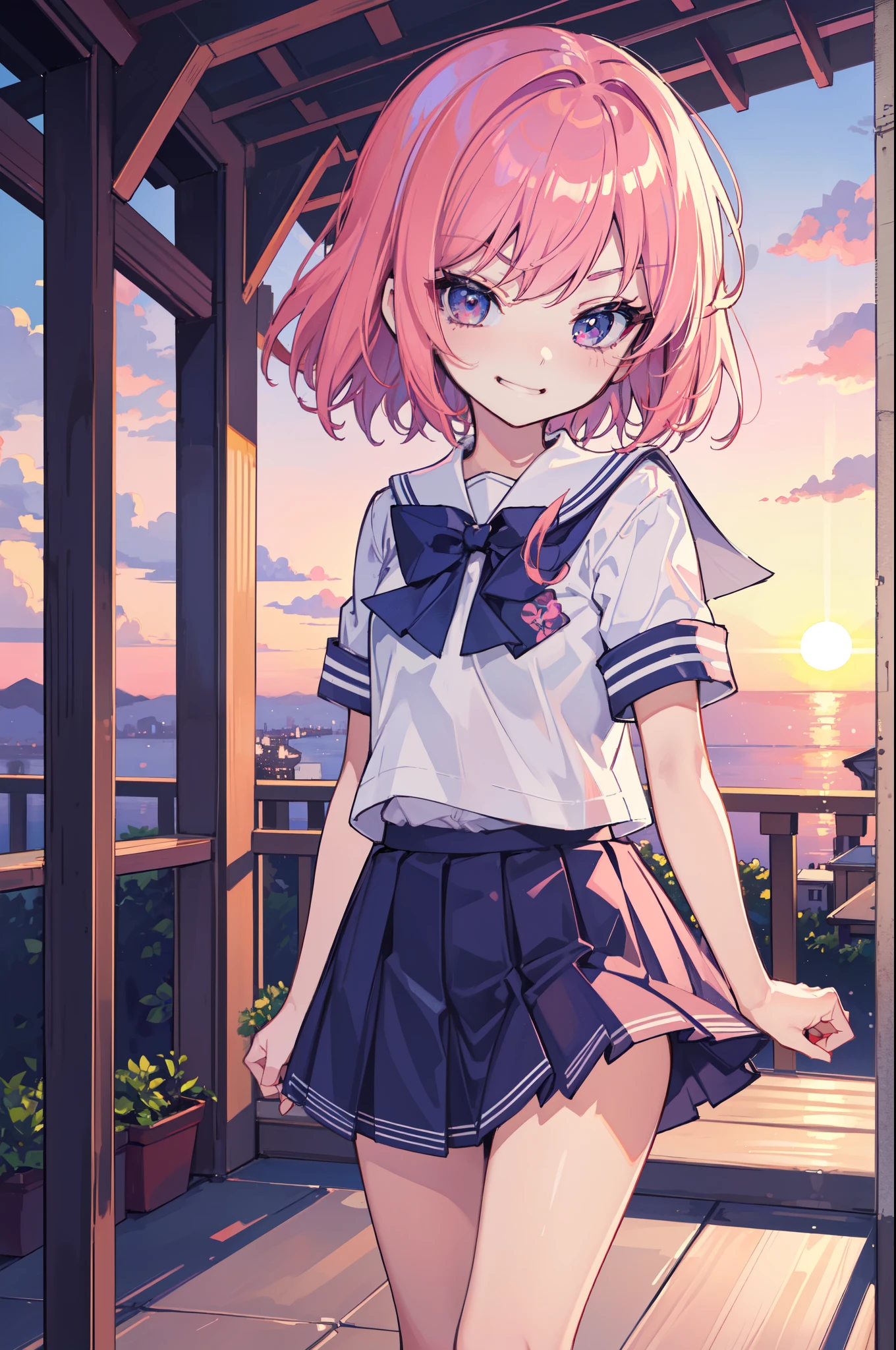 (Ideal:1.1), (perfection:1.1), (flawless:1.1), (highest quality:1.2), (best quality:1.2), (most beautiful sunset:1.1), 1girl, (kawaii:1.1), (school uniform:1.1), (loli:1.1), (naughty smirk:1.2), detailed body, short hair, best quality eyes, 4K, (best quality resolution:1.1), best quality upscale, most beautiful upscale 