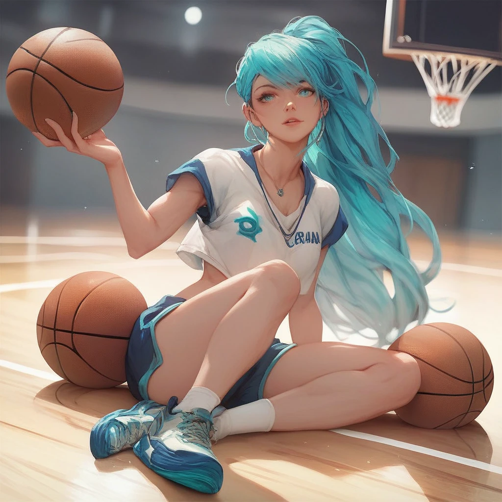 anime style, high quality, 1girl, full body, long hair, aqua hair, aqua eyes, pale, thin,  basketball, playing, indoor