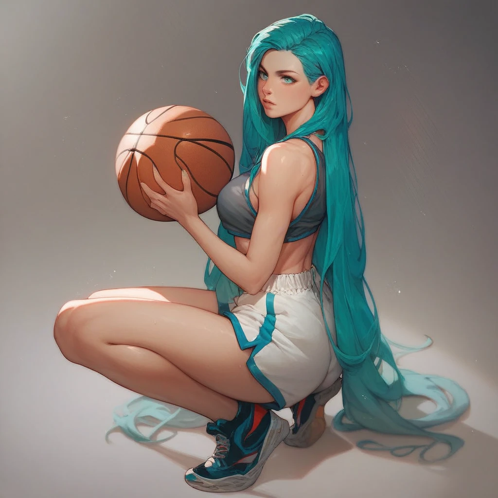 anime style, high quality, 1girl, full body, long hair, aqua hair, aqua eyes, pale, thin,  basketball, playing, indoor