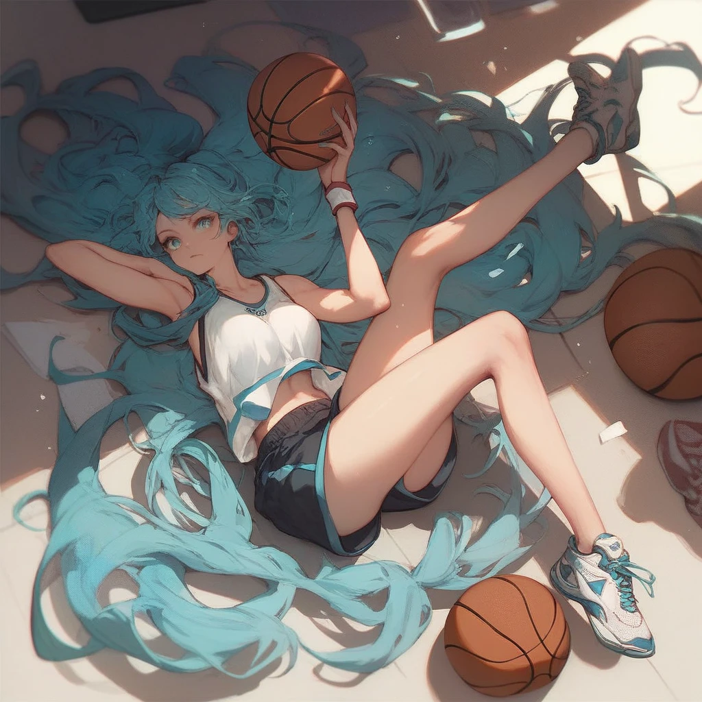 anime style, high quality, 1girl, full body, long hair, aqua hair, aqua eyes, pale, thin,  basketball, playing, indoor