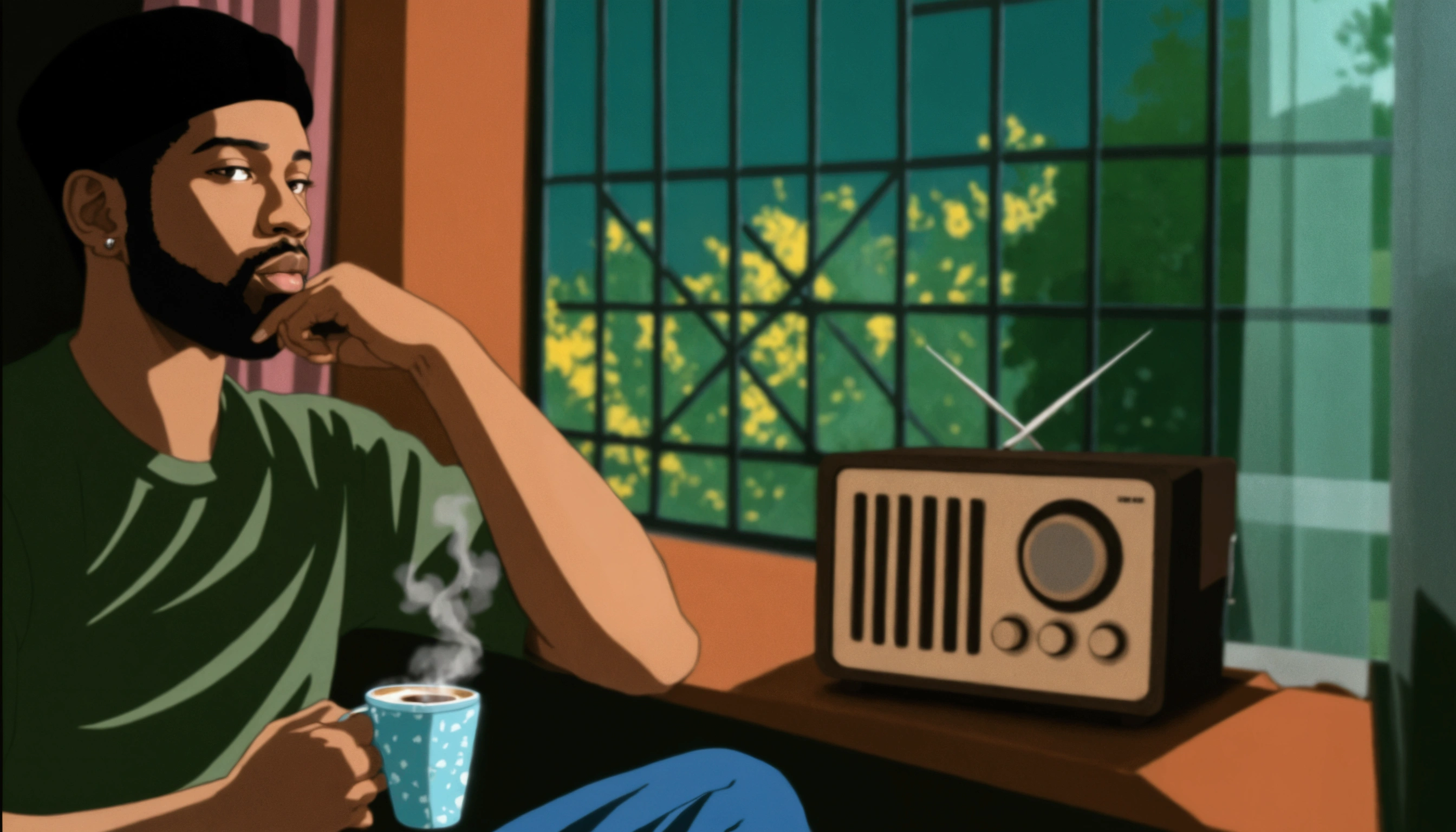 sharp man sitting in front of a window with a radio and a cup of coffee, praise hip hop, praise art, praise artstyle, praise aesthetic, praise girl, praise, praise vibes, praise feel, 90s anime aesthetic, lo-fi art, praise vibe, they be, praise girl aesthetic ultra realista