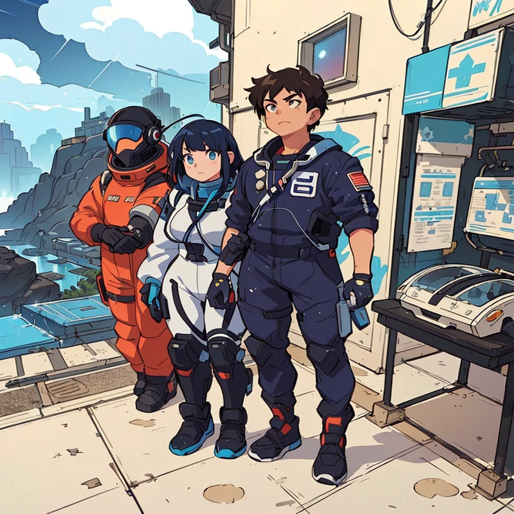 anime characters standing in front of a building with a view of a city, modern sci-fi anime, sci-fi anime, sci fi anime, portrait anime space cadet girl, planetes, sci-fi illustrations, sci - fi illustrations, in the art style of 8 0 s anime, space high school, makoto shinkai and bioware, wear spacesuits(masterpiece, best quality, ultra-detailed:1.3), 1girl, arms behind head, (smile:0.5) edgPetal, a woman wearing a black dress made of flower petals, wearing edgPetal, garden background, dimly lit BREAK (long blonde hair), mid parted hair