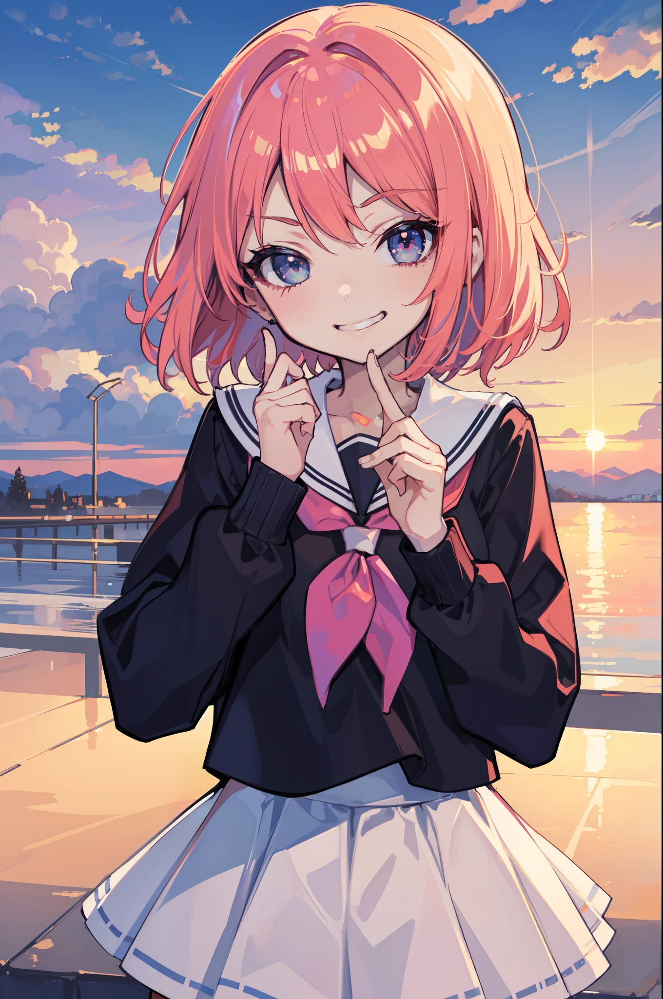 (Ideal:1.1), (perfection:1.1), (flawless:1.1), (highest quality:1.2), (best quality:1.2), (most beautiful sunset:1.1), 1girl, (kawaii:1.1), (school uniform:1.1), (loli:1.1), (naughty smirk:1.2), detailed body, short hair, best quality eyes, 4K, (best quality resolution:1.1), best quality upscale, most beautiful upscale 