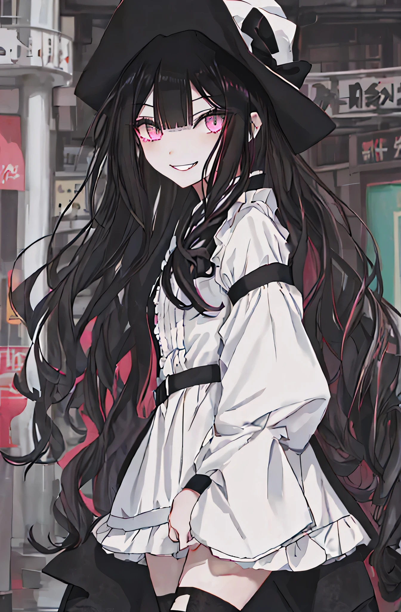 (solo), (girl),(((adult))), (pink eyes),(black long hair),(blunt bangs),(+perfect hand+:1.21),(Draw an illustration of cute girl),(slender),white skin,(white and black maid clothes),laugh,smile,((((adult)))),standing , black and white clothes,((black long hair)),((black long hair)),((black long hair)),((black long hair)),((dynamic angle)),(dynamic pose),party hall,evil smile,((city background)),