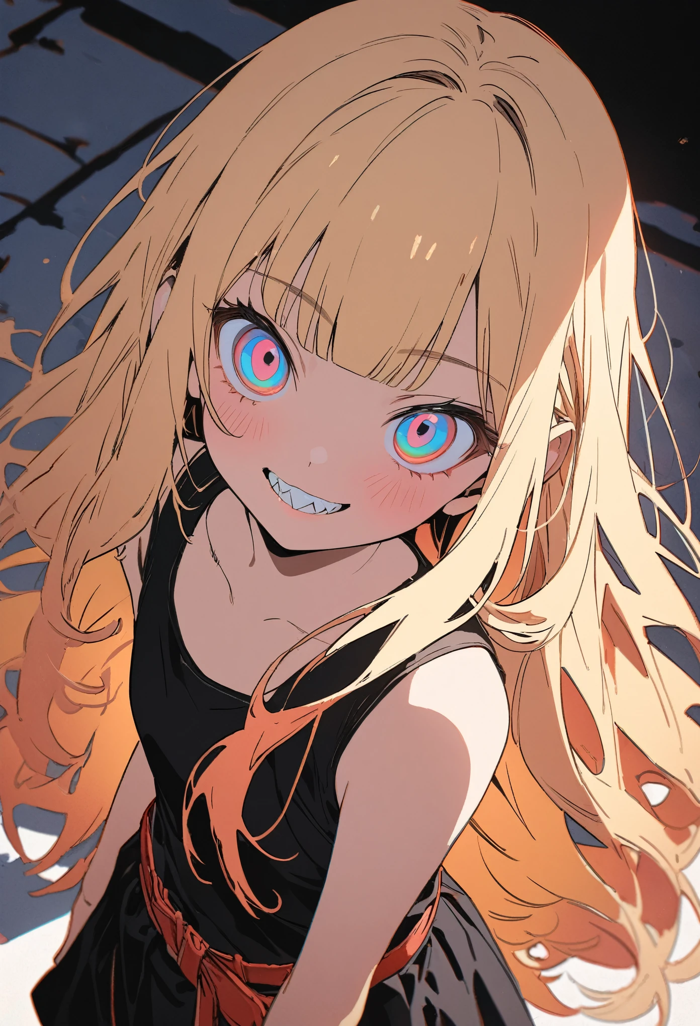 ((Masterpiece)), ((best quality)), (flat color), (flat shading), (super detail:1.2), (High Definition:1.3), ((extremely detailed)), (8K), (Professional Photography:1.2), (very aesthetic:1.2), (absurdres:1.2), (sharp focus), (perfect light), (drop shadow), ((12 years old)), cute young Girl, Glossy unruly hair, (loose blunt bangs), blonde hair with red mesh, (red mesh), long hair, big eyes, (long eyelashes), ((jagged teeth)), colorful eyes, (Unfocused eyes), blush, ((dazed smile)), open mouth, ribbon belt, joy, (cute tanktop), barearms, cute cheeks, (place hand to hip), (colorful:1.3), gothic makeup, ((against the Colorful pastel wall),), cute, (❤️🖤💗💔),