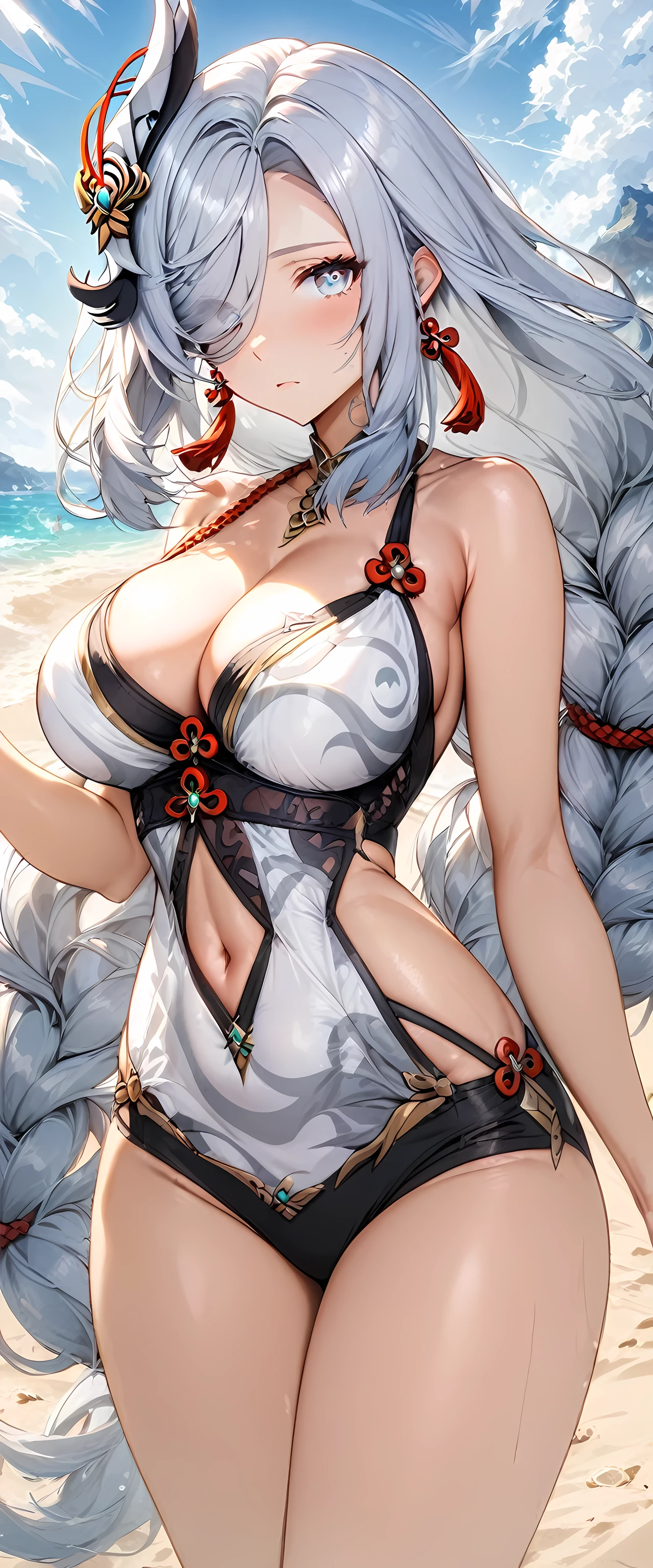 masterpiece), best quality, expressive eyes, perfect face,1girl,shenhe,genshin impact,mature woman,cleavage,large breasts,white and black swimsuit,(bare shoulders),(bare arms),expressionless,beach,warm sunlight,soft shadows,summer fun,cowboy shot,long sleeves,snow,winter,hand up, braid, very_long_hair, earrings, tassel, grey_hair, jewelry, hair_ornament, hair_over_one_eye, bangs, long_hair