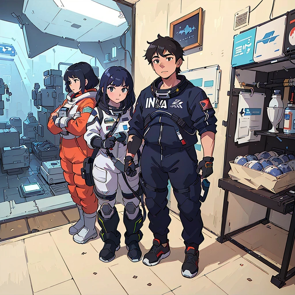 arafed image of a couple of people standing in a room, modern sci-fi anime, moebius and makoto shinkai, sci-fi anime, wear spacesuits, sci fi anime, makoto shinkai and bioware, portrait anime space cadet girl, spacesuit, space pressurized suit, planetes, astronauts, modern space suit(masterpiece, best quality, ultra-detailed:1.3), 1girl, arms behind head, (smile:0.5) edgPetal, a woman wearing a black dress made of flower petals, wearing edgPetal, garden background, dimly lit BREAK (long blonde hair), mid parted hair