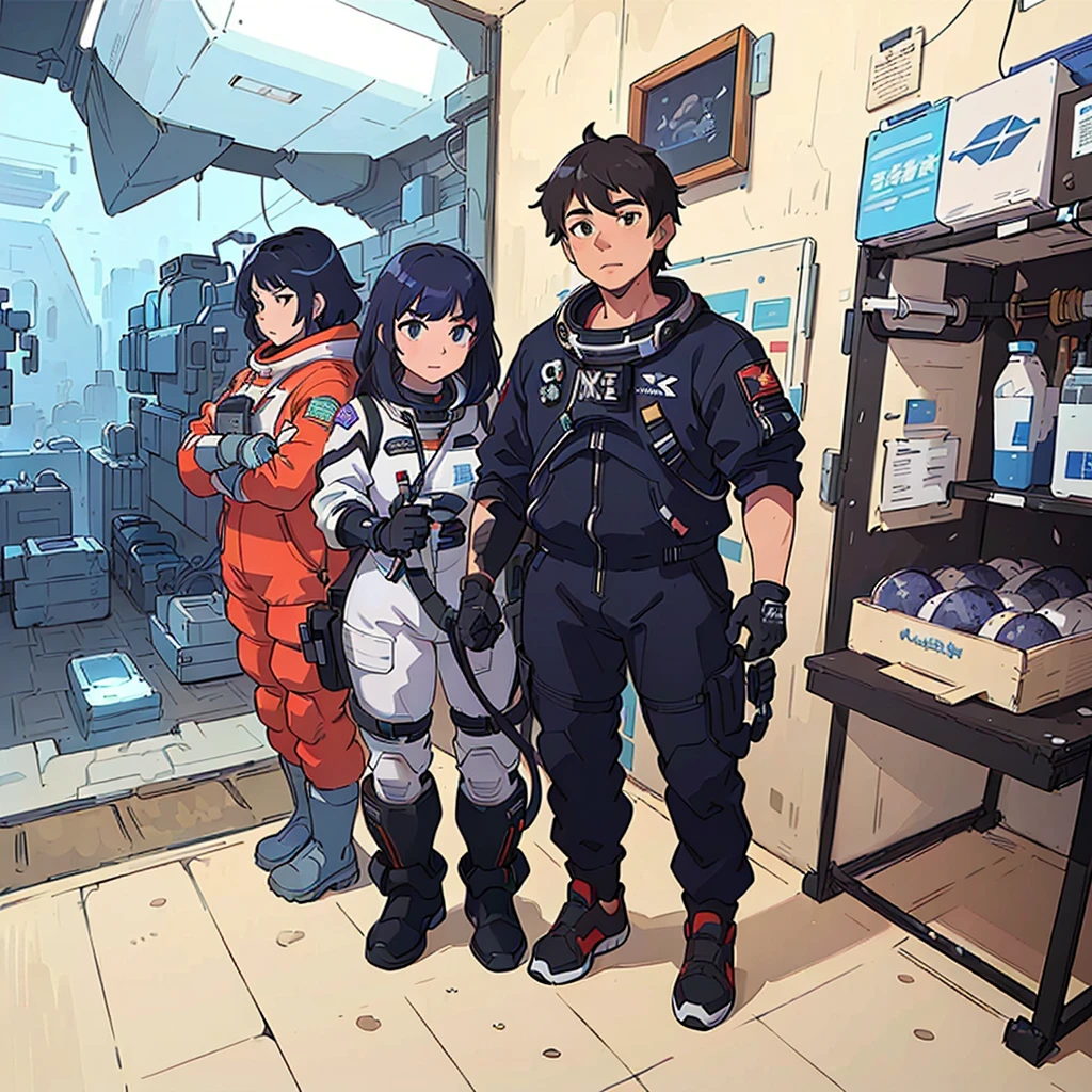 arafed image of a couple of people standing in a room, modern sci-fi anime, moebius and makoto shinkai, sci-fi anime, wear spacesuits, sci fi anime, makoto shinkai and bioware, portrait anime space cadet girl, spacesuit, space pressurized suit, planetes, astronauts, modern space suit(masterpiece, best quality, ultra-detailed:1.3), 1girl, arms behind head, (smile:0.5) edgPetal, a woman wearing a black dress made of flower petals, wearing edgPetal, garden background, dimly lit BREAK (long blonde hair), mid parted hair