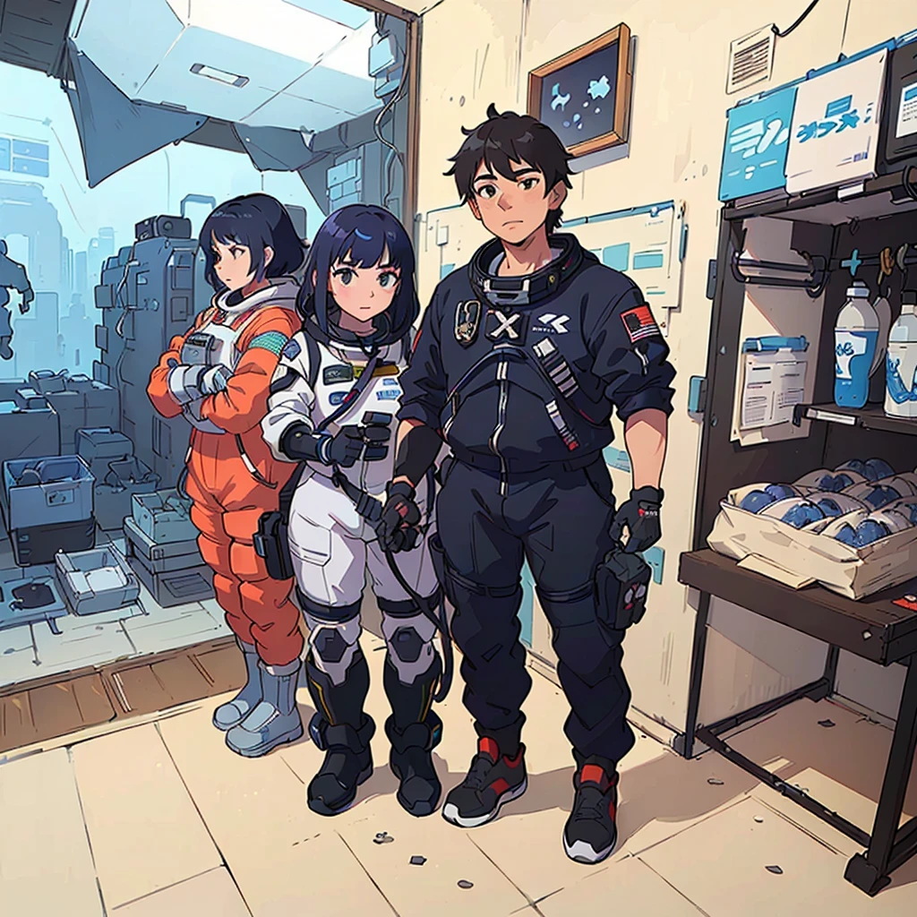 arafed image of a couple of people standing in a room, modern sci-fi anime, moebius and makoto shinkai, sci-fi anime, wear spacesuits, sci fi anime, makoto shinkai and bioware, portrait anime space cadet girl, spacesuit, space pressurized suit, planetes, astronauts, modern space suit(masterpiece, best quality, ultra-detailed:1.3), 1girl, arms behind head, (smile:0.5) edgPetal, a woman wearing a black dress made of flower petals, wearing edgPetal, garden background, dimly lit BREAK (long blonde hair), mid parted hair