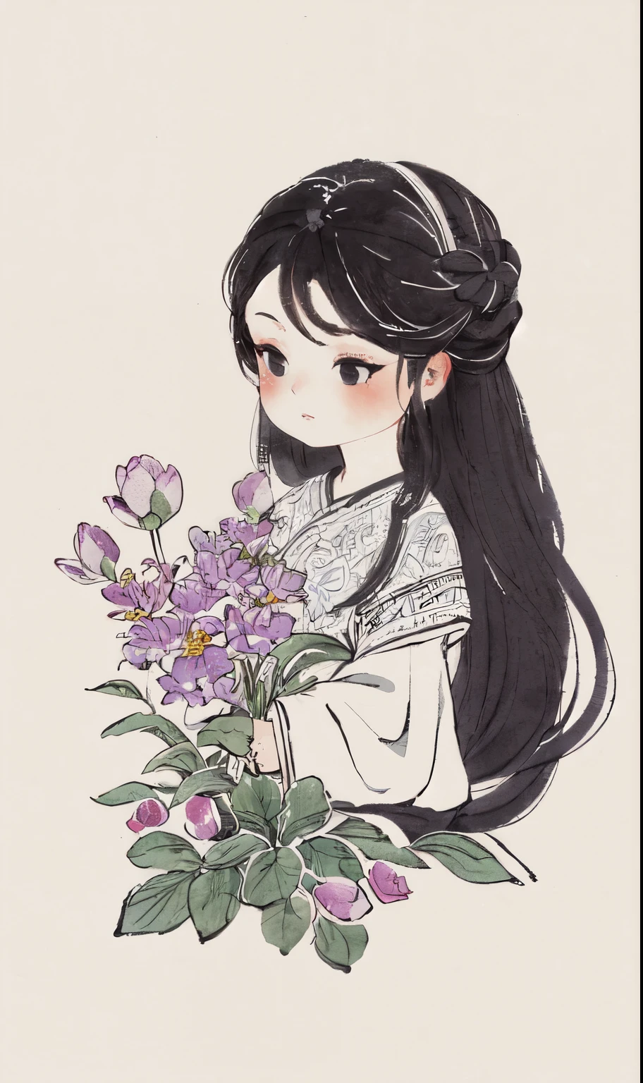 chibi ink painting, 1girl,black eyes,long hair,super precise depiction, (flowers),multiple colors,high definition,Rich in intricate details,((masterpiece)), ((best quality)), 8k, high detailed, ultra-detailed,  sharper lines , white background, purple color tones, 