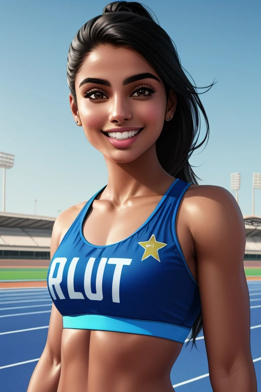 
beautiful 23-year-old Pakistani girl, track outfit, in blue sports bra and blue sports bottoms, smiling, teeth, shes very confident, outside on track field, ((slim, athletic)), the background is an athletics track, masterpiece, high contrast, photorealistic digital art trending on Artstation 8k HD high definition
