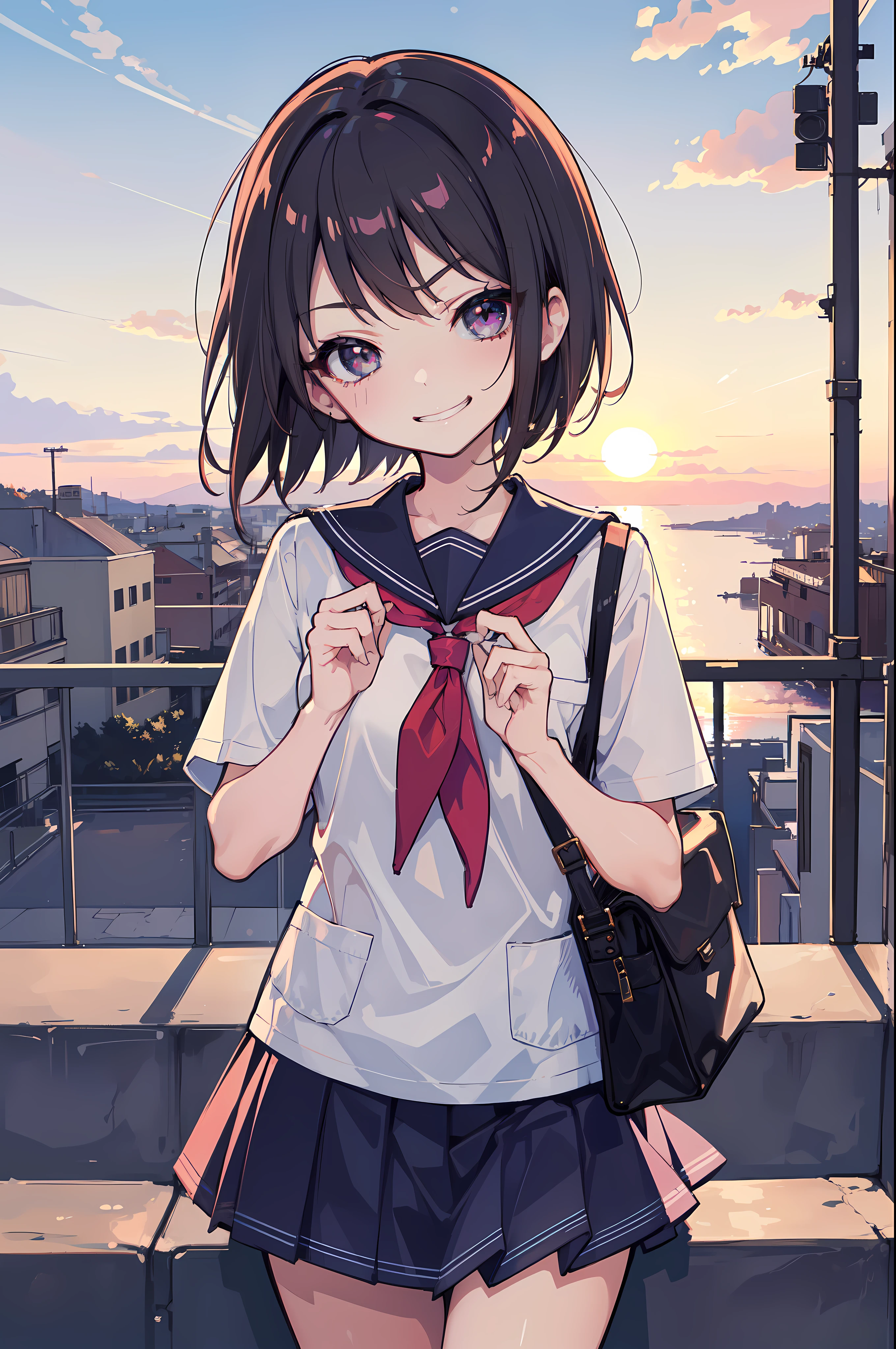 (Ideal:1.1), (perfection:1.1), (flawless:1.1), (highest quality:1.2), (best quality:1.2), (most beautiful sunset:1.1), 1girl, (kawaii:1.1), (school uniform:1.1), (:1.1), (naughty smirk:1.2), detailed body, short hair, best quality eyes, 4K, (best quality resolution:1.1), best quality upscale, beautiful upscale