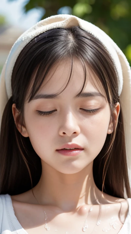 Highest quality,masterpiece,Ultra-high resolution,(Realistic:1.4),One girl,shoulder,Charm,Close ~ eyes、Open your mouth wide、The body is tied with a cord、(camisole、Cream on the face、Face wet with sweat、Sweat flowing between her breasts)、angle from above、forehead、double bun、blush、embarrassed 、erect nipples、Look Up、Round Glasses、freckles、