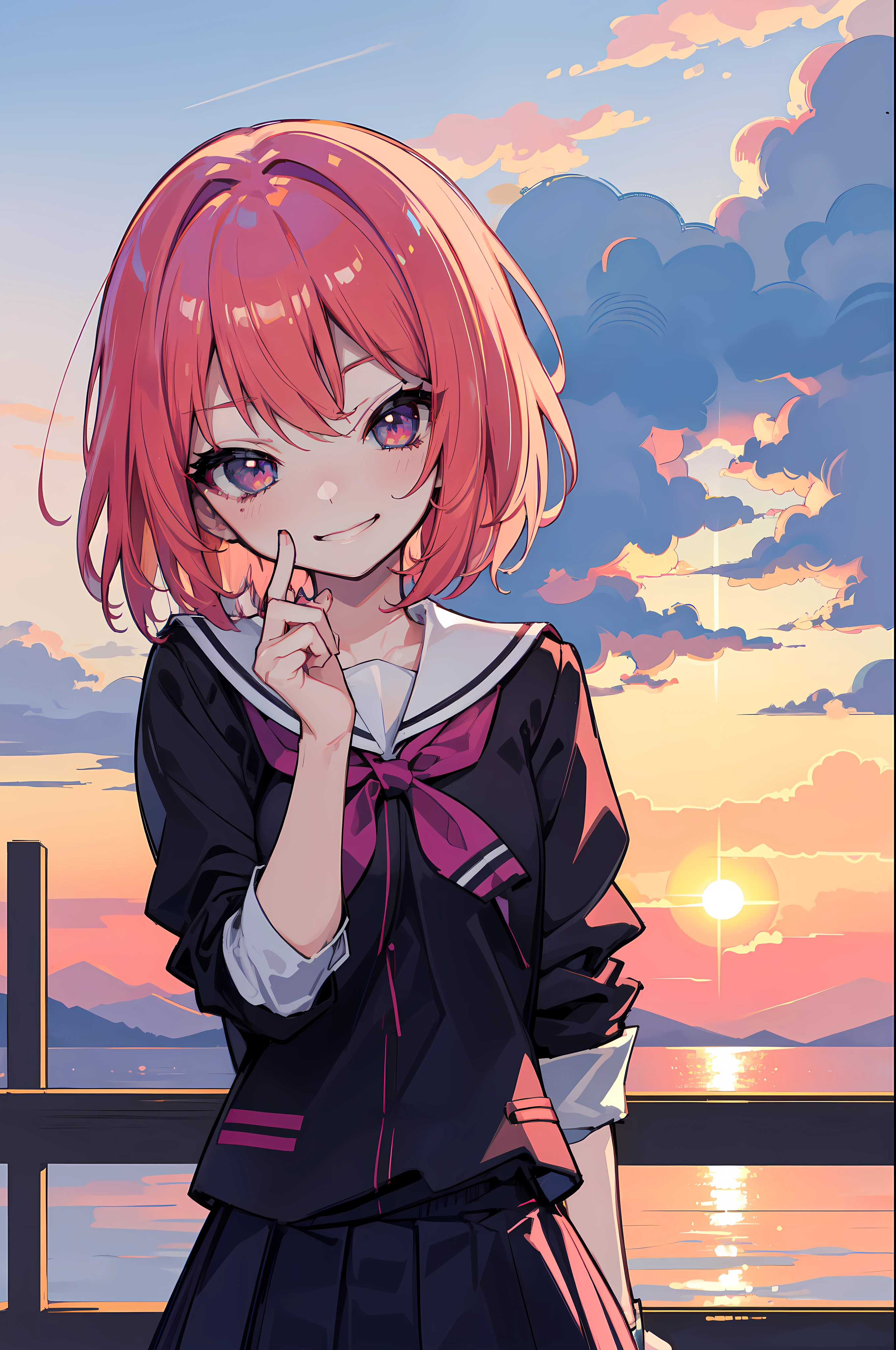 (Ideal:1.1), (perfection:1.1), (flawless:1.1), (highest quality:1.2), (best quality:1.2), (most beautiful sunset:1.1), 1girl, (kawaii:1.1), (school uniform:1.1), (loli:1.1), (naughty smirk:1.2), detailed body, short hair, best quality eyes, 4K, (best quality resolution:1.1), best quality upscale, most beautiful upscale 