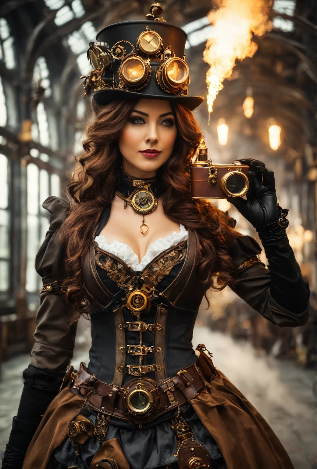 Mulher fantasiada de Steampunk tirando foto, vestindo traje Steampunk, fantasia Steampunk style, (Steampunk), uma linda deusa Steampunk, linda mulher Steampunk, Steampunk Girl, Steampunk style, fantasia Steampunk, Steampunk, garota inventora Steampunk, Steampunk dourado, steampunc, steampunc, ambientado em um mundo Steampunk, Conceito Steampunk vívido