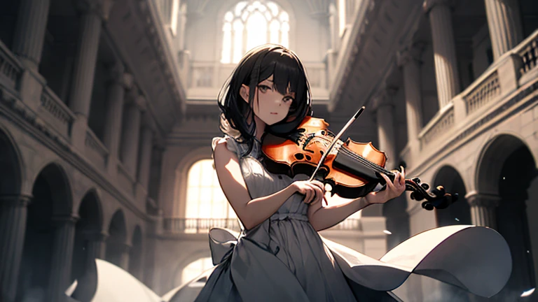 Farthest image, Woman with a violin, with a white dress, in a white room