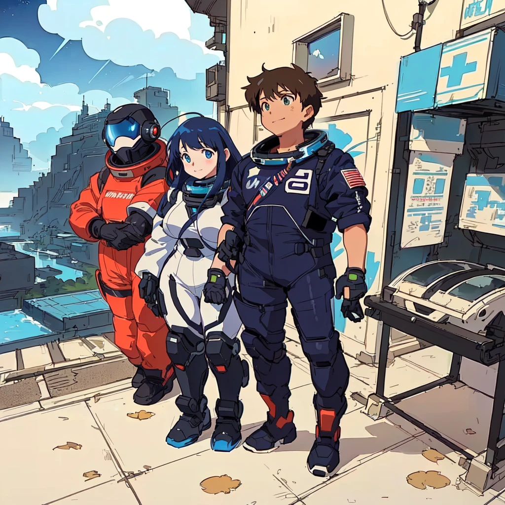 anime characters standing in front of a building with a view of a city, modern sci-fi anime, sci-fi anime, sci fi anime, portrait anime space cadet girl, planetes, sci-fi illustrations, sci - fi illustrations, in the art style of 8 0 s anime, space high school, makoto shinkai and bioware, wear spacesuits(masterpiece, best quality, ultra-detailed:1.3), 1girl, arms behind head, (smile:0.5) edgPetal, a woman wearing a black dress made of flower petals, wearing edgPetal, garden background, dimly lit BREAK (long blonde hair), mid parted hair