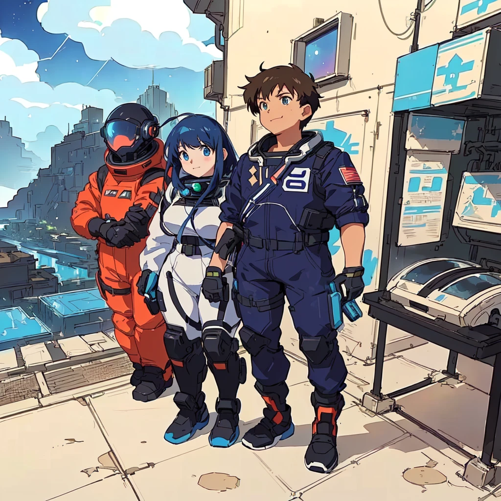 anime characters standing in front of a building with a view of a city, modern sci-fi anime, sci-fi anime, sci fi anime, portrait anime space cadet girl, planetes, sci-fi illustrations, sci - fi illustrations, in the art style of 8 0 s anime, space high school, makoto shinkai and bioware, wear spacesuits(masterpiece, best quality, ultra-detailed:1.3), 1girl, arms behind head, (smile:0.5) edgPetal, a woman wearing a black dress made of flower petals, wearing edgPetal, garden background, dimly lit BREAK (long blonde hair), mid parted hair