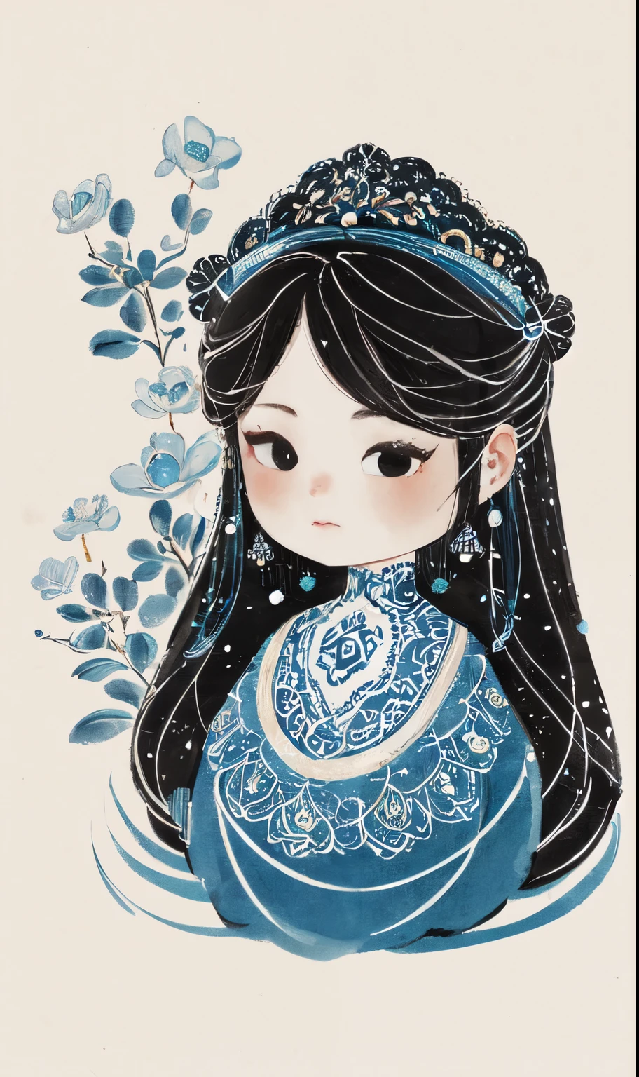 chibi ink painting, 1girl,black eyes,long hair,super precise depiction, (flowers),multiple colors,high definition,Rich in intricate details,((masterpiece)), ((best quality)), 8k, high detailed, ultra-detailed, sharper lines , white background,dark blue color tones,