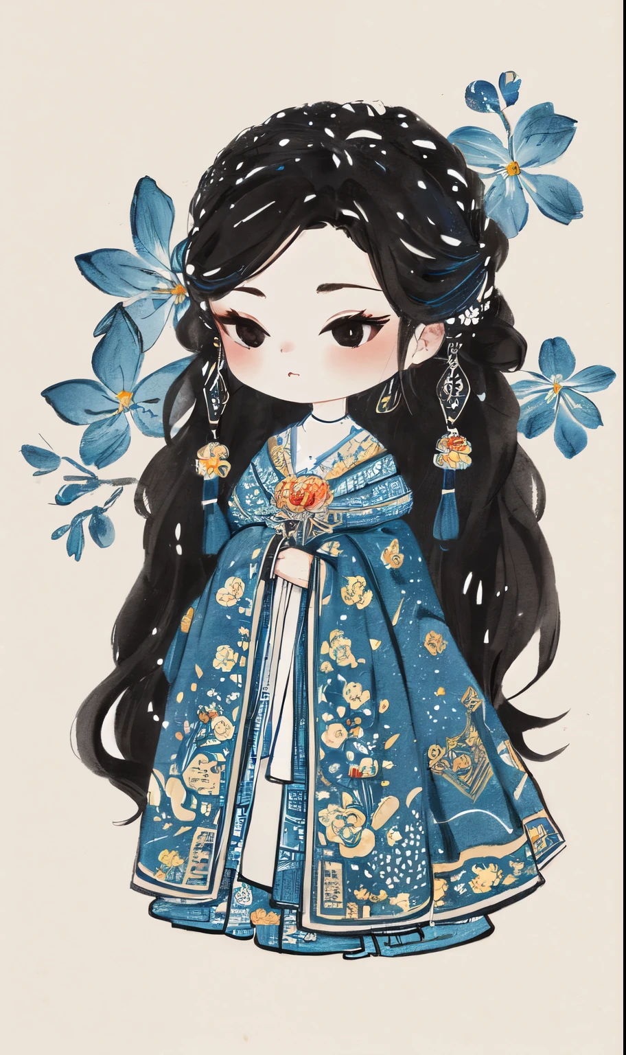 chibi ink painting, 1girl,black eyes,long hair,super precise depiction, (flowers),multiple colors,high definition,Rich in intricate details,((masterpiece)), ((best quality)), 8k, high detailed, ultra-detailed,  sharper lines , white background,dark blue color tones, 