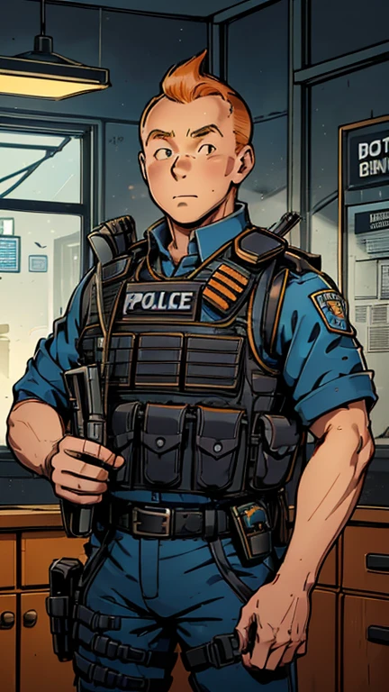 (s:1man: Tintin), (extremely detailed CG unit 8k wallpaper),(master part), (best quality), (ultra detali), (best illustration),(ruanyi0299,belt,bulletproof vest,police uniform), cowboy shot, (Sharp eyeliner, ombre, detailed eyes:1),Dark Police station interiors background, ,break , upper body, short hair, orange hair