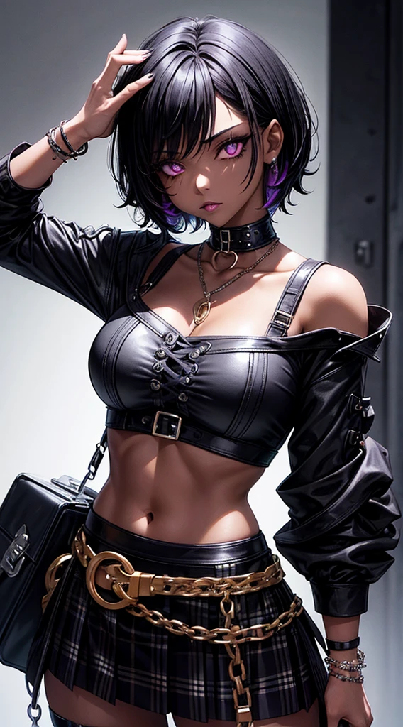 a woman with short black hair, cabelo nos ombros, black skin color,  wearing a black cropped and plaid skirt, purple eyes, gothic art, cute aesthetic with vibrancy, cartoon aesthetic, wearing black costume, using gothic accessories, looks like Cassie Hack, trunk, holding a skull in his hand, horror background