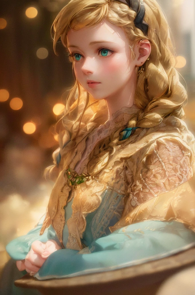 1girl, blonde hair, braids, green eyes, cute top, (best quality,4k,8k,highres,highestres,masterpiece:1.2),ultra-detailed,(realistic,photorealistic,photo-realistic:1.37),HDR,UHD,studio lighting,ultra-fine painting,sharp focus,physically-based rendering,extreme detail description,professional,vivid colors,bokeh,portrait,digital painting,intricate details,soft lighting,warm colors,natural setting