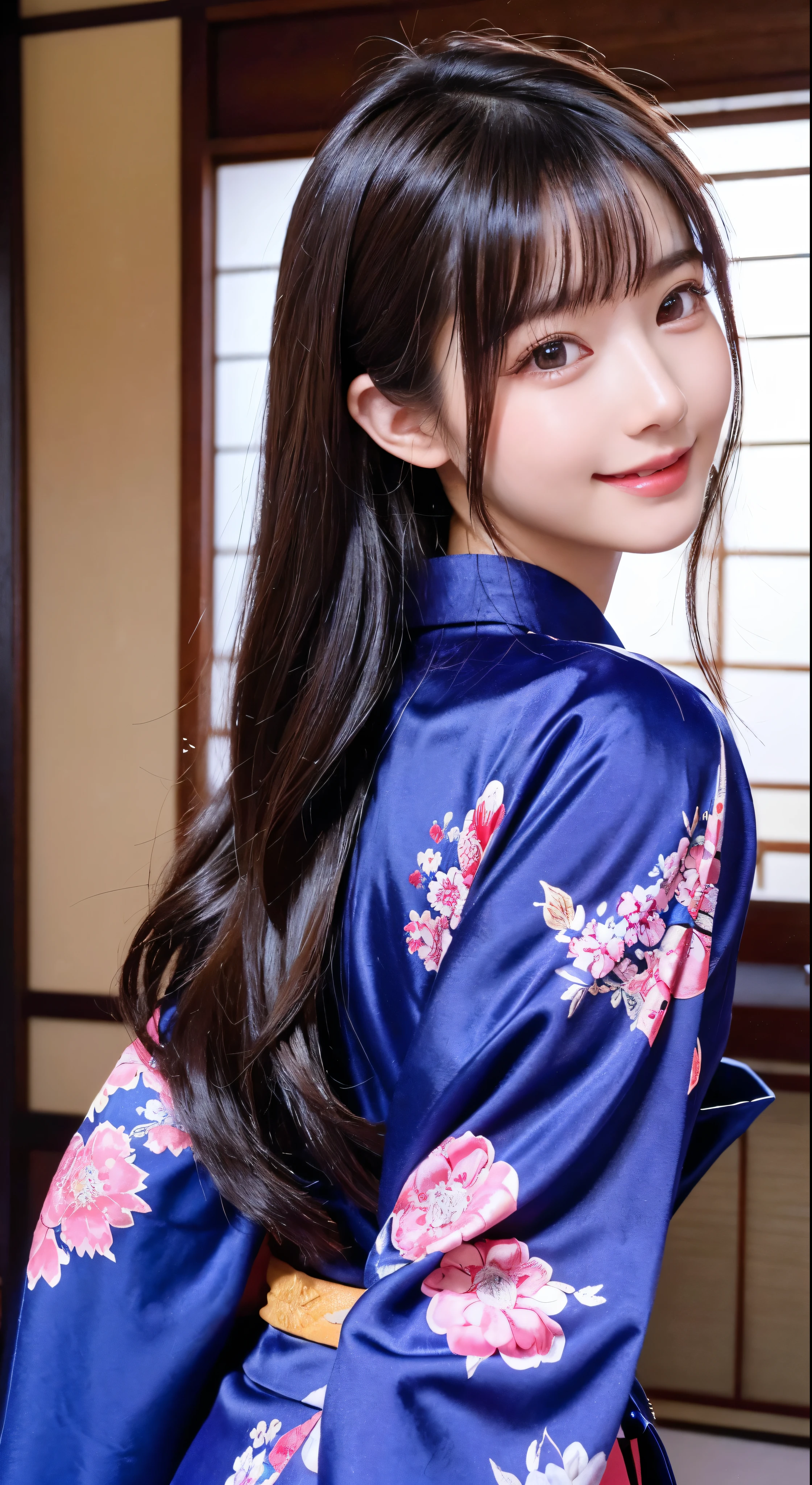 Aster piece in high definition image、Highest quality、16K、 Accurate kimono dressing in a Japanese-style room、One person、Captivating beautiful face smile、　Red floral kimono、Blue obi kimono、Brown hair cascading down her back、His eyes sparkle with admiration.、Her long hair looks sweet，High quality images of the whole body。Facial details