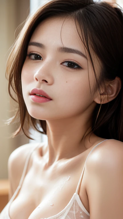 Highest quality,masterpiece,Ultra-high resolution,(Realistic:1.4),One girl,shoulder,Charm,Close ~ eyes、Open your mouth wide、The body is tied with a cord、(camisole、Cream on the face、Face wet with sweat、Sweat flowing between her breasts)、angle from above、forehead、messy hair、blush、embarrassed 、erect nipples、Look Up:1.4、freckles、
