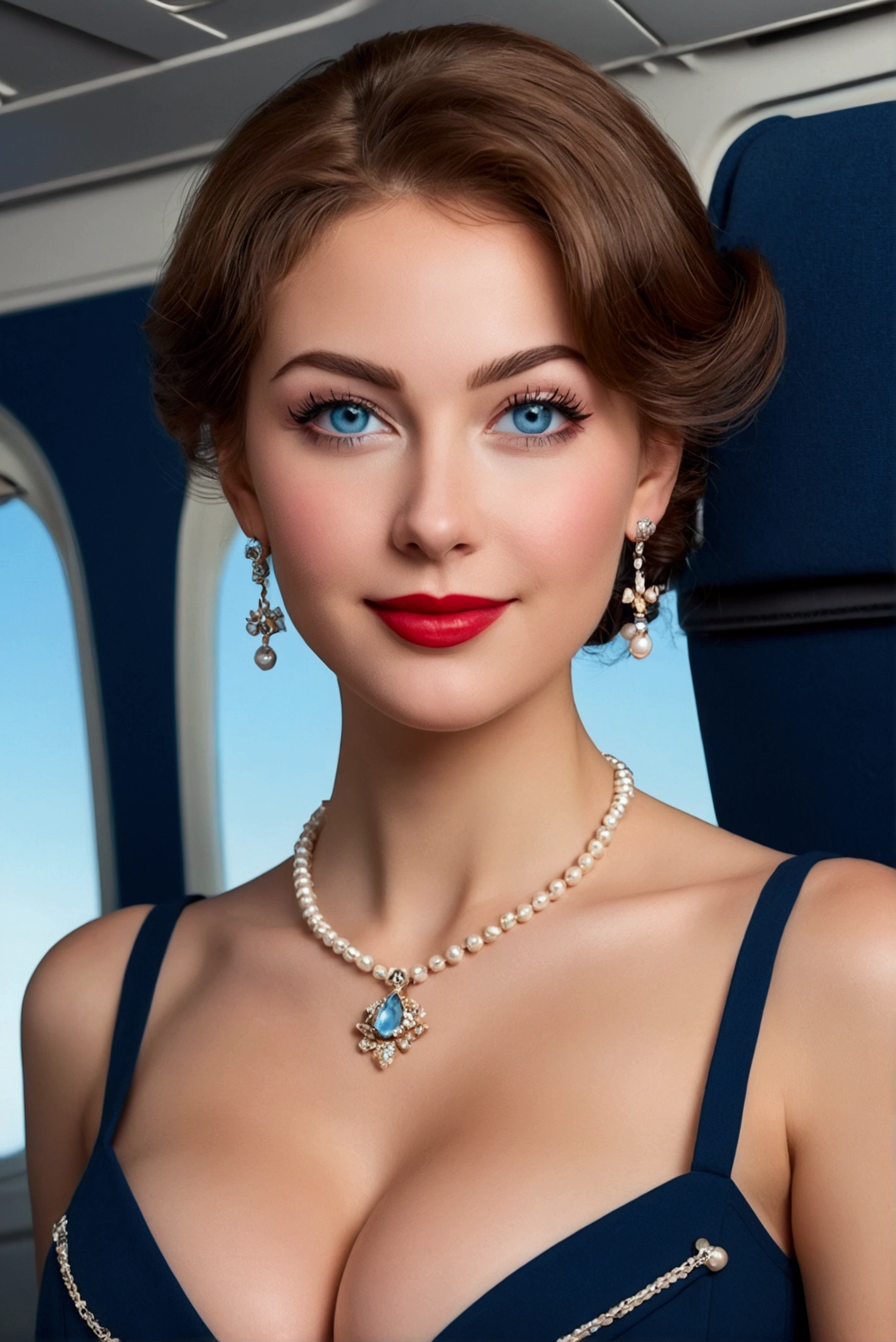 "Portrait complet du corps d'une charmante fille aux cheveux bouclés, chiffre, Beau visage, yeux bleus captivants, et grande taille de buste, mettant en valeur sa beauté naturelle.",30 year old elegant girl portrait, Russia, beautiful face, perfect face, surreal, photo-realistic, skinny Model Body Type,((big breasts cleavage:1.2)), (thick eyeliner), (eye shadow),(red lips), ((blush)), ((pointy nose)), ultra detailed cg 8k, beautiful cg, soft light, necklace, earrings, slender face, ((light blue eyes)), (smile),armlets,busty stewardess dressed in navy blue retro Prosecutor uniform, short tight skirt, in the airplane,