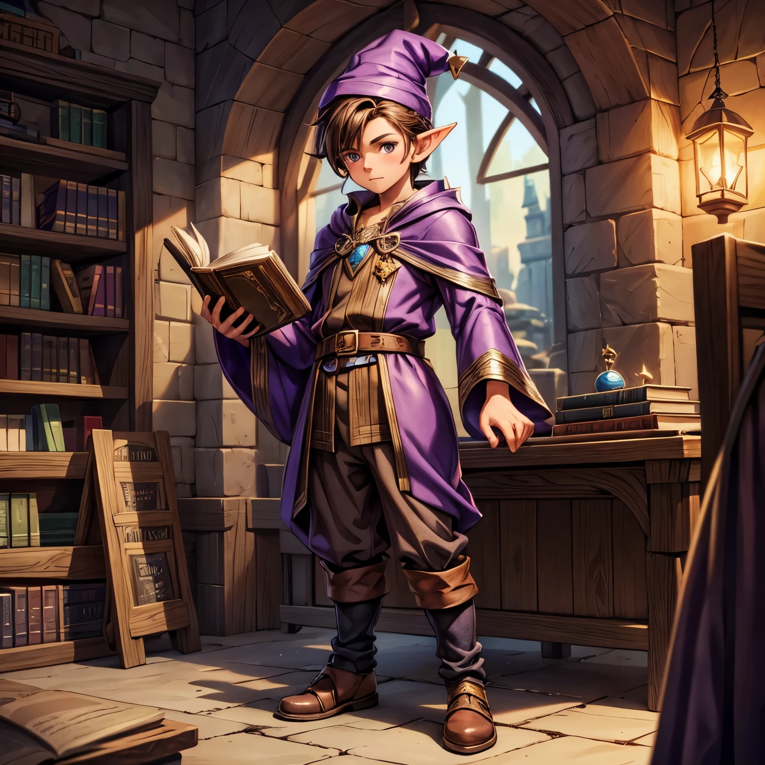 Young Gnome, Fantasy gnome, Alchemist magician, Young Sorcerer, pointy ears, Barba outfit, Brown hair, tousled hair, tunica address, purple clothes, pointed hat, sorcery book, Stubble, short stature, little, low, Simple details, anime, 4k