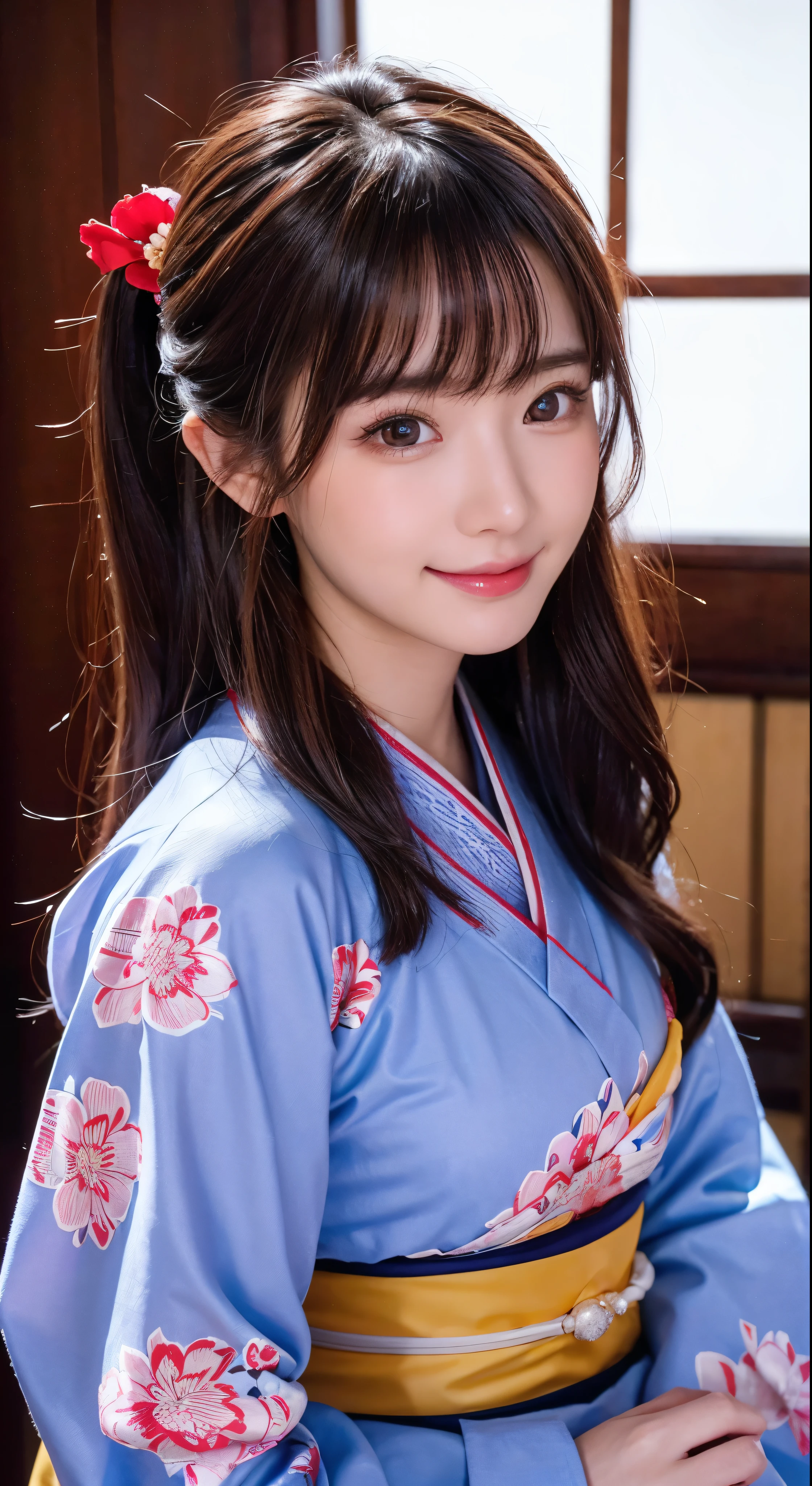 Aster piece in high definition image、Highest quality、16K、 Accurate kimono dressing in a Japanese-style room、One person、Captivating beautiful face smile、　Red floral kimono、Blue obi kimono、Brown hair cascading down her back、His eyes sparkle with admiration.、Her long hair looks sweet，High quality images of the whole body。Facial details