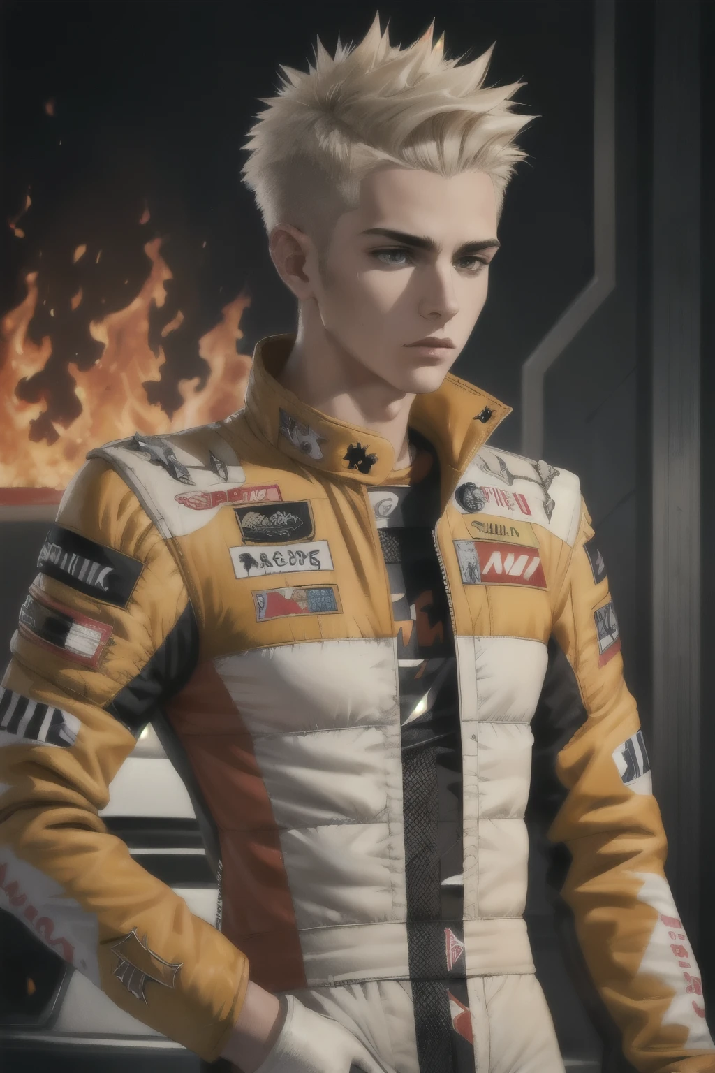 ((best quality)), ((artwork)), ((detailed)), young man, spiky hair, fire suit.